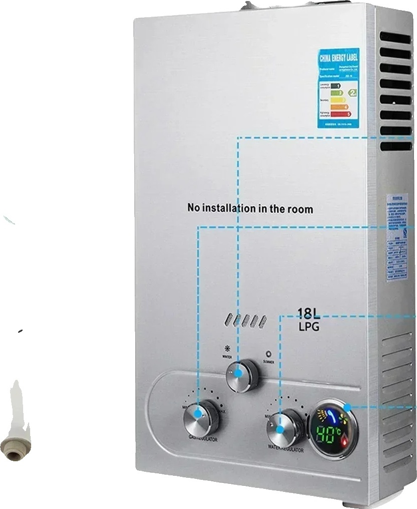 LPG plynový ohrievač vody 8 l, okamžitá príprava teplej vody, nerezová antikorová súprava kotla, viacúrovňová ochrana, 8 l