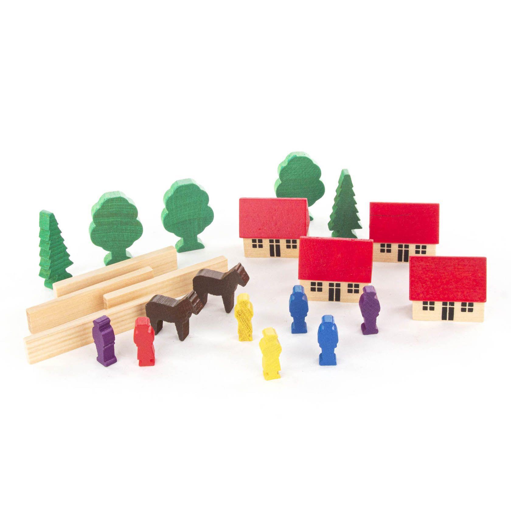 Dregeno Holzspielzeug Feriensiedlung mit Pferden bunt Höhe ca. 4cm NEU 053/1017