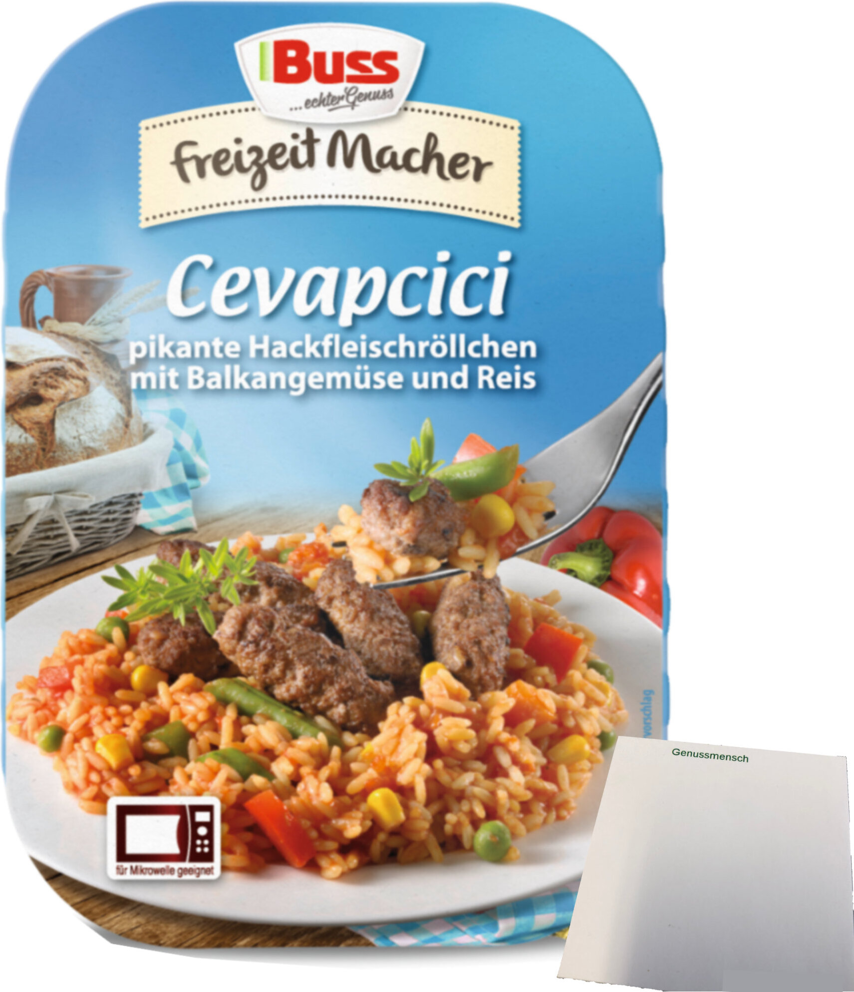 Buss Cevapcici Pikante Hackfleischröllchen mit Balkangemüse und Reis Fertiggericht (300g Packung) + usy Block