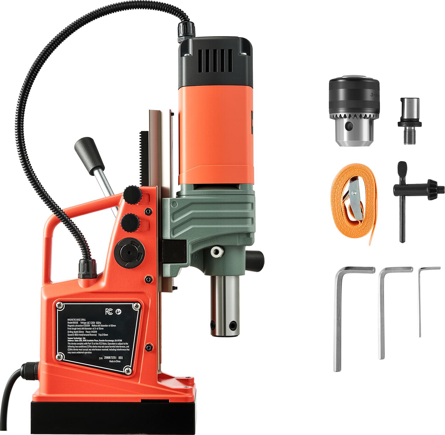 SucceBuy magnetická vŕtačka 1350 W, kapacita vŕtania 50 mm, prídržná sila 12500 N, prenosné zariadenie s variabilnými otáčkami a hriadeľom Weldon, ideálne na obrábanie kovov v priemysle a na projekty pre domácich majstrov