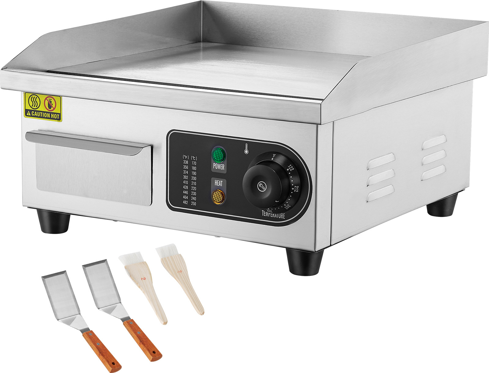 SucceBuy komerčná elektrická grilovacia doska, 2000 W, plochá grilovacia doska na pracovnú dosku, nastaviteľná teplota 50-300 °C, 36 x 30 x 1 cm, nerezový gril s 2 lopatkami a 2 kefkami