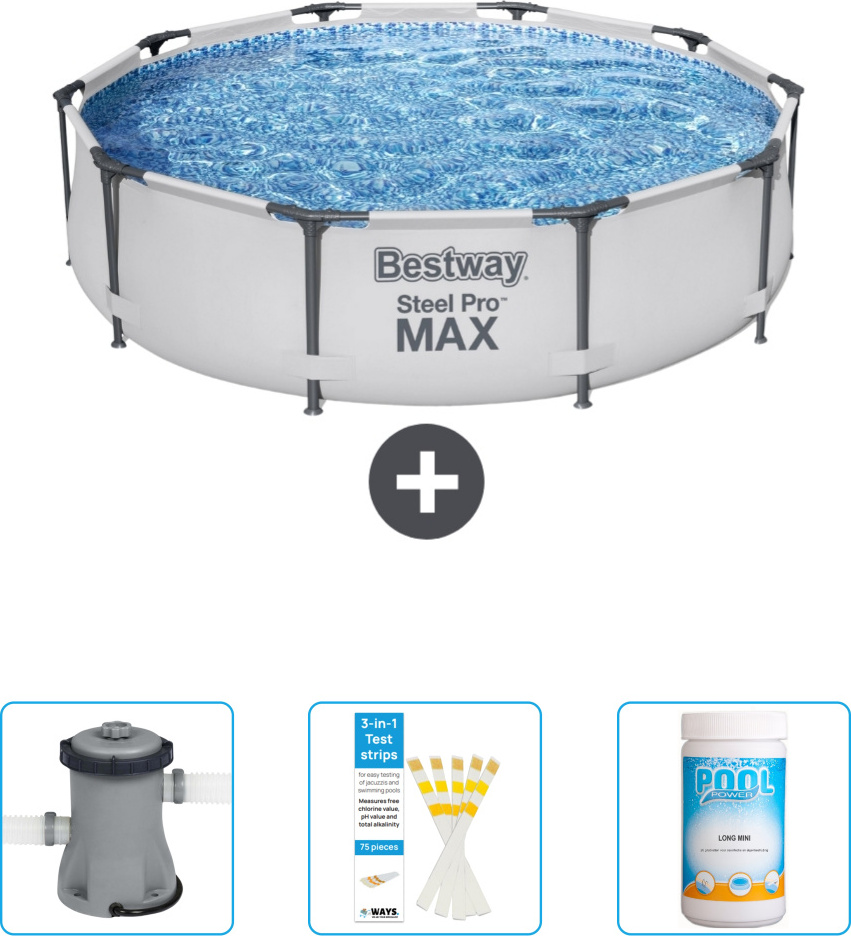 Okrúhly bazén Bestway Steel Pro MAX - 305 x 76 cm - sivý - vrátane čerpadla - testovacie prúžky - chlór