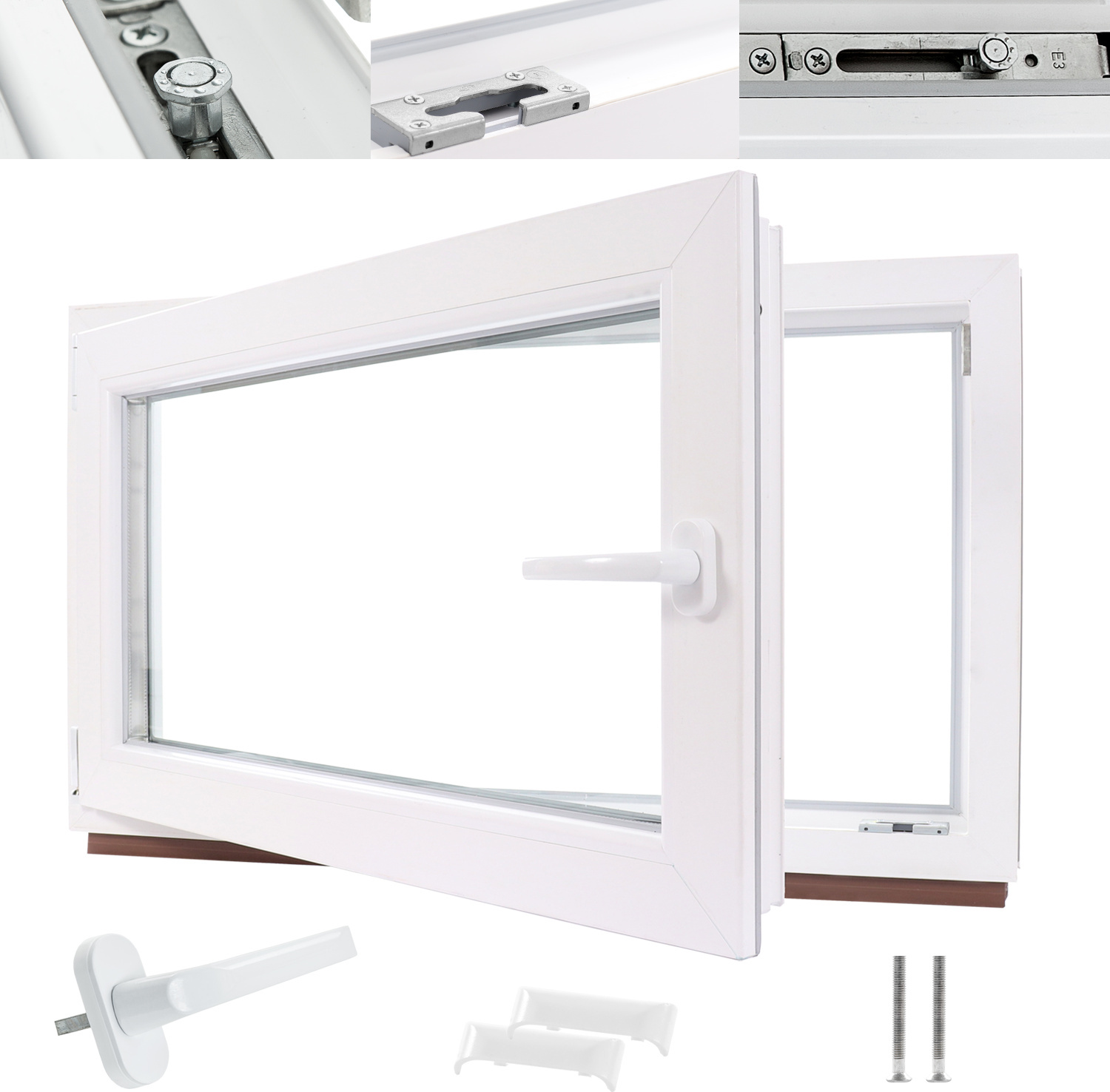 Framelux Kellerfenster Kunststofffenster weiß, BxH: 70 x 50 cm / 700 x 500 mm 3-fach Verglasung (32 mm) Dreh-Kipp inkl. Pilzkopfverriegelung, DIN Rechts (Griff Links) 700x500-W-R-3F-SLIM