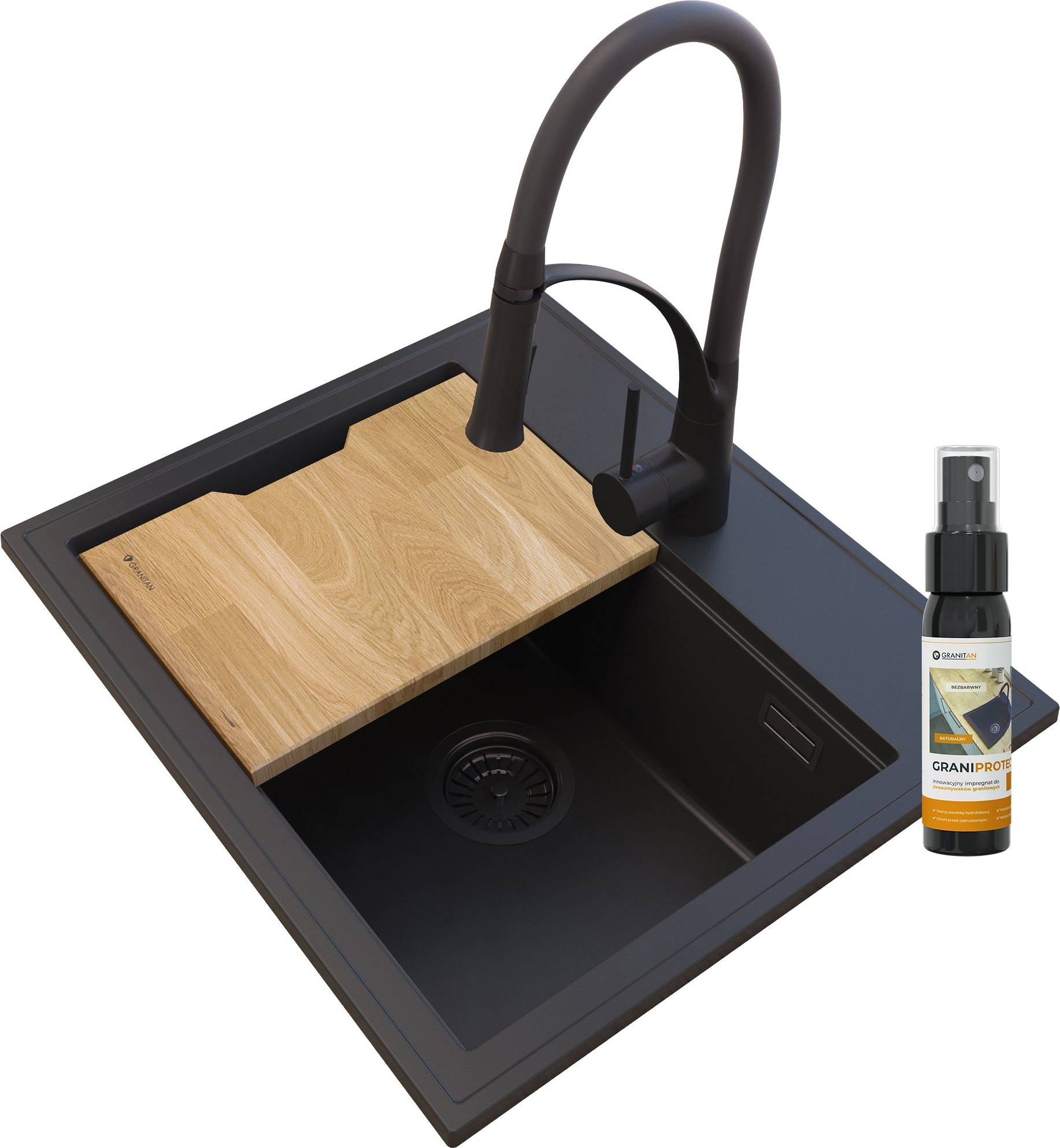 Granitar Granitan | Granitspüle FOXAL - Schwarz - inklusive NEXO Küchenarmatur - mit Holzbrett und Pflegeprodukt