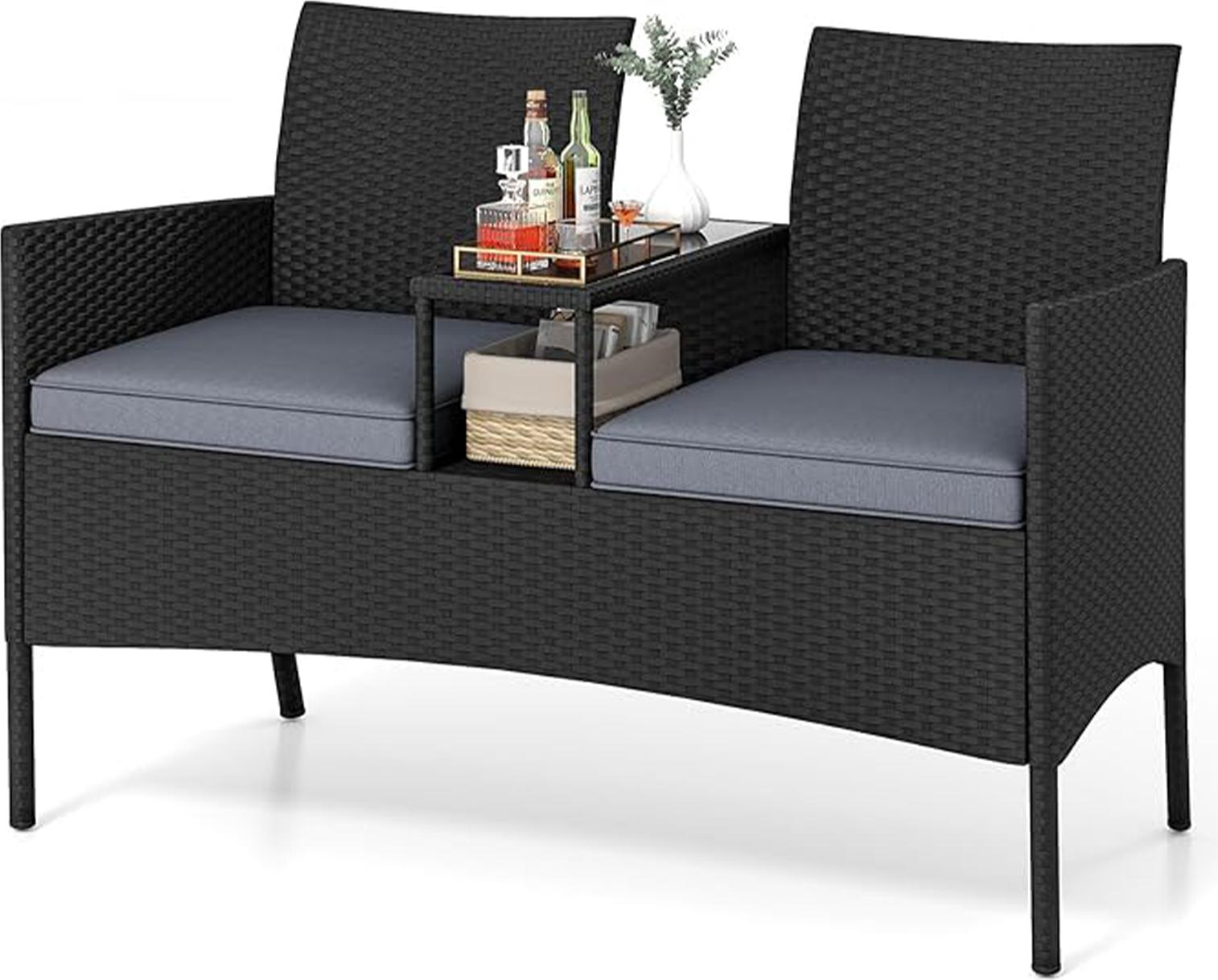 Vonkajšia ratanová záhradná lavica pre 2 osoby, 2-miestna záhradná súprava so zabudovaným stolíkom, odnímateľné vankúše, ratanové sedadlo, čierna farba