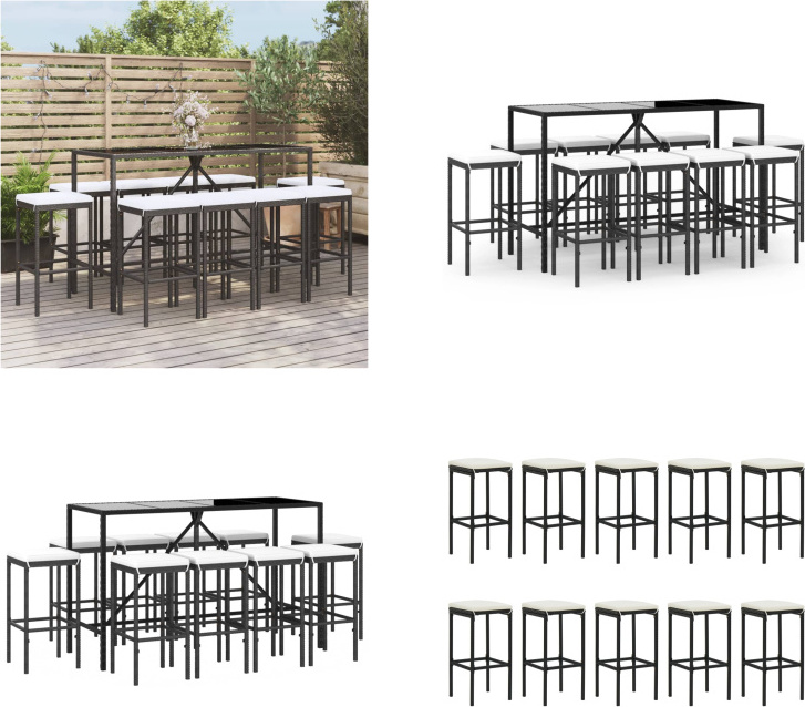 vidaXL 11 tlg. Gartenbar Set mit Kissen Schwarz Poly Rattan - Gartenbar Set - Gartenbar Sets - Garten Bar Set - Gartenbar