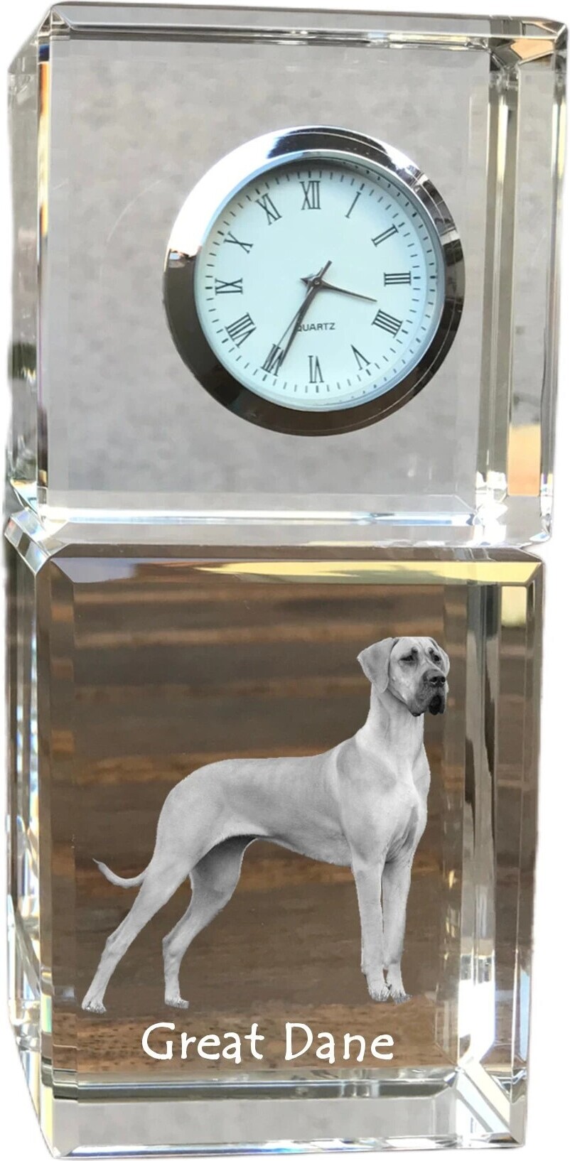 Deutsche Dogge, Ulmer Dogge, Große Dogge - Kristalluhr mit Foto, Hundebild im Kristall, personalisierte Schreibtischuhr von Art-Dog.