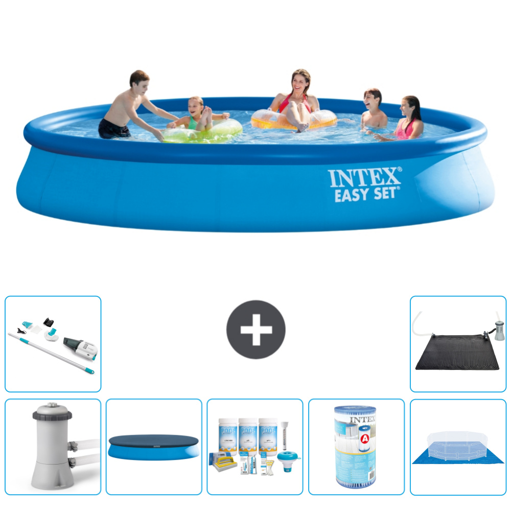 Intex okrúhly nafukovací bazén Easy Set - 457 x 84 cm - modrý - vrátane krytu čerpadla - balík na údržbu - filter - podložka - vysávač - solárna podložka