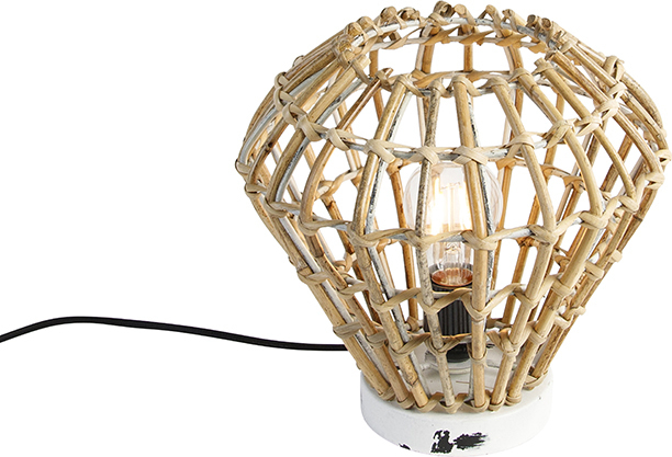 QAZQA - Landhaus I Vintage Ländliche Tischlampe Bambus mit Weiß - Canna Diamond I Wohnzimmer I Schlafzimmer - Bamboo Rund - LED geeignet E27 104916