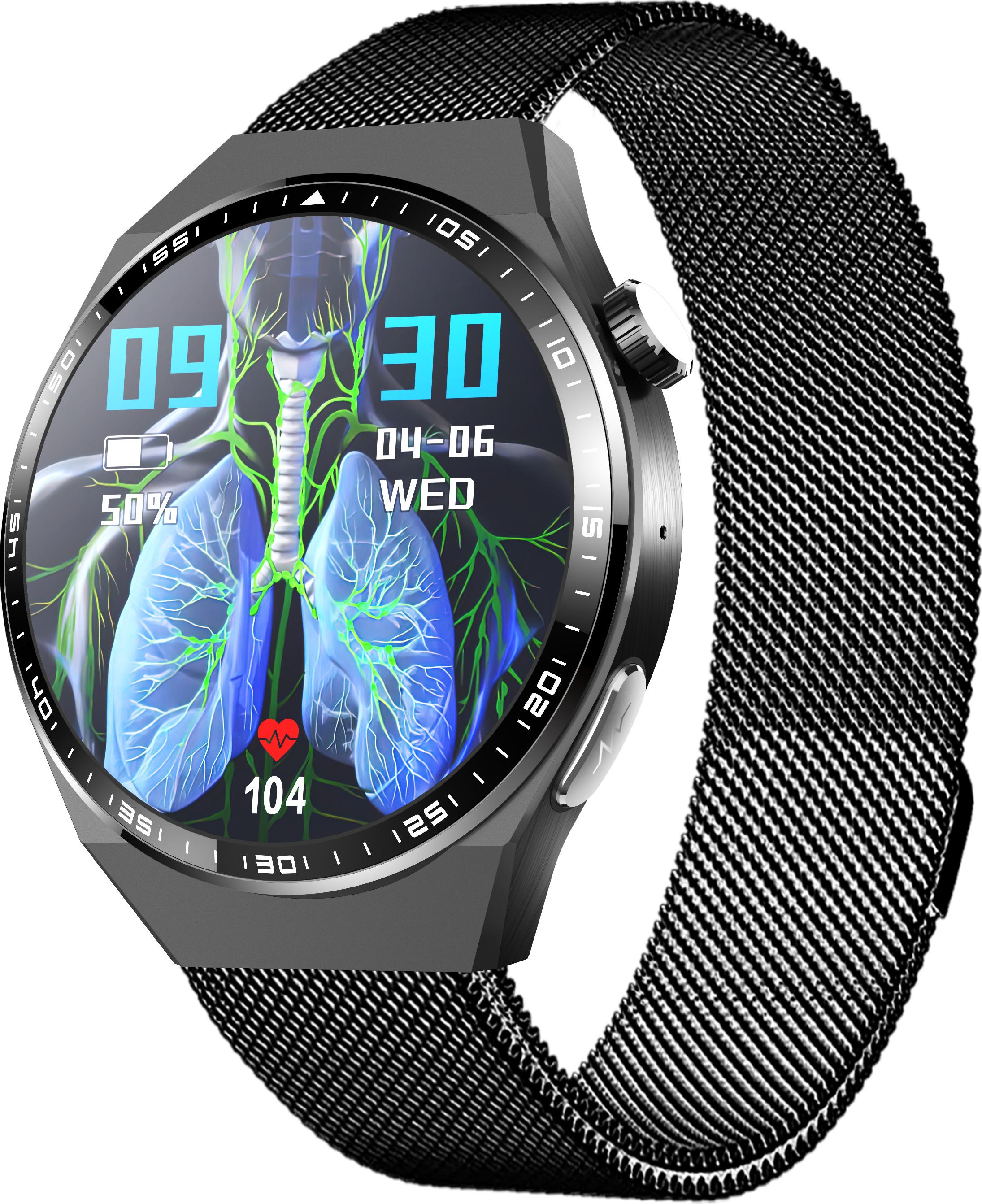 INF Smartwatch mit EKG, Körperzusammensetzungsanalyse, Blutzusammensetzungsanalyse (Harnsäure, Blutfette) Schwarzes Milanaise-Armband 365786