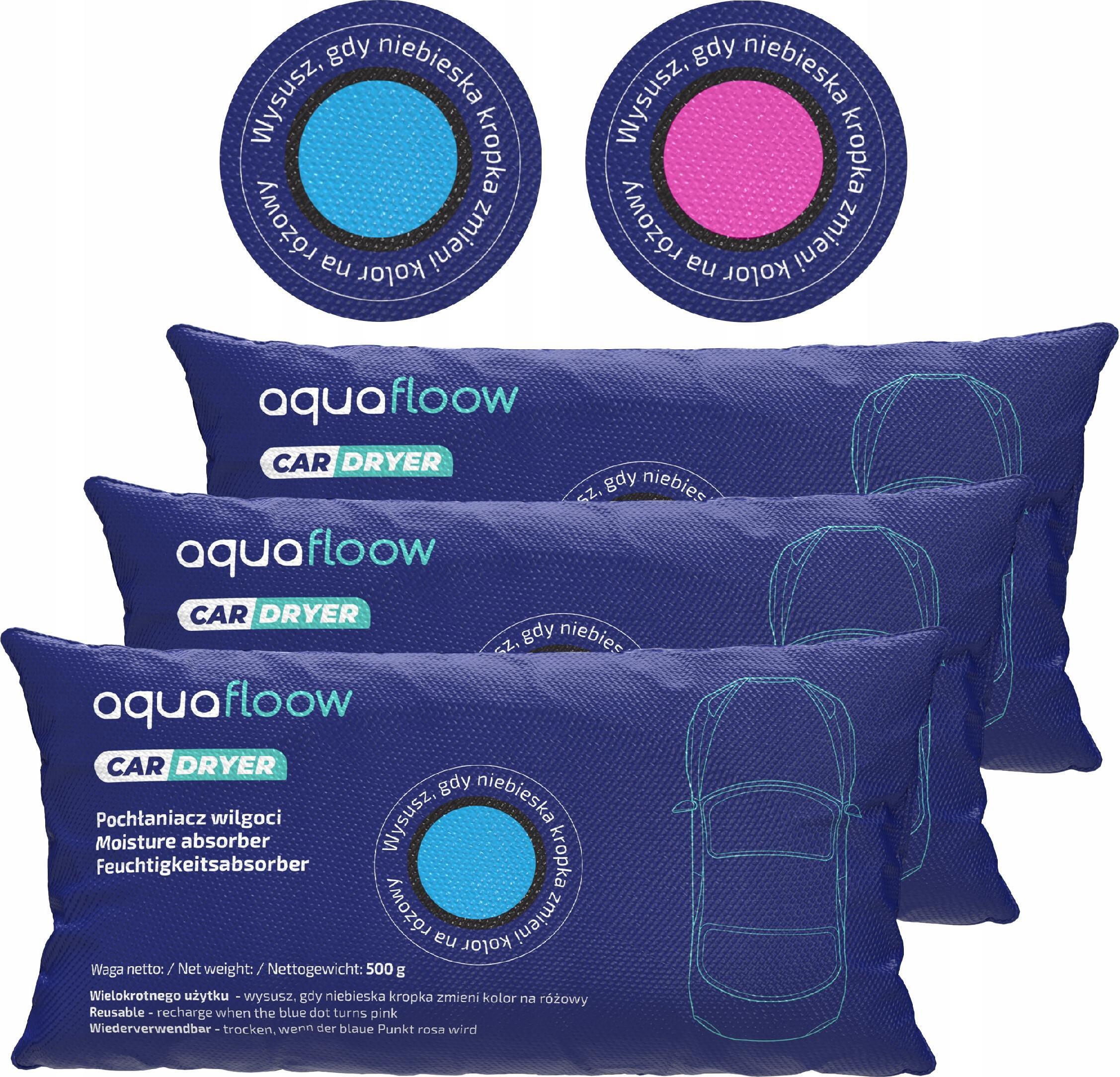 Aquafloow 3 Stück 500g Autofeuchtigkeitsabsorber mit Indikator - Wiederverwendbar, Siliziumdioxid 3_AF63-500