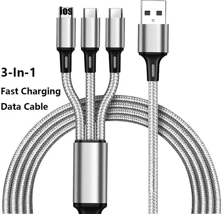 Univerzálny nabíjací kábel 3 v 1 - Lightning, Type-C a Micro USB konektory - Rýchle nabíjanie a prenos dát - Kompatibilné s iPhone, Android, tabletmi a ďalšími – Strieborná
