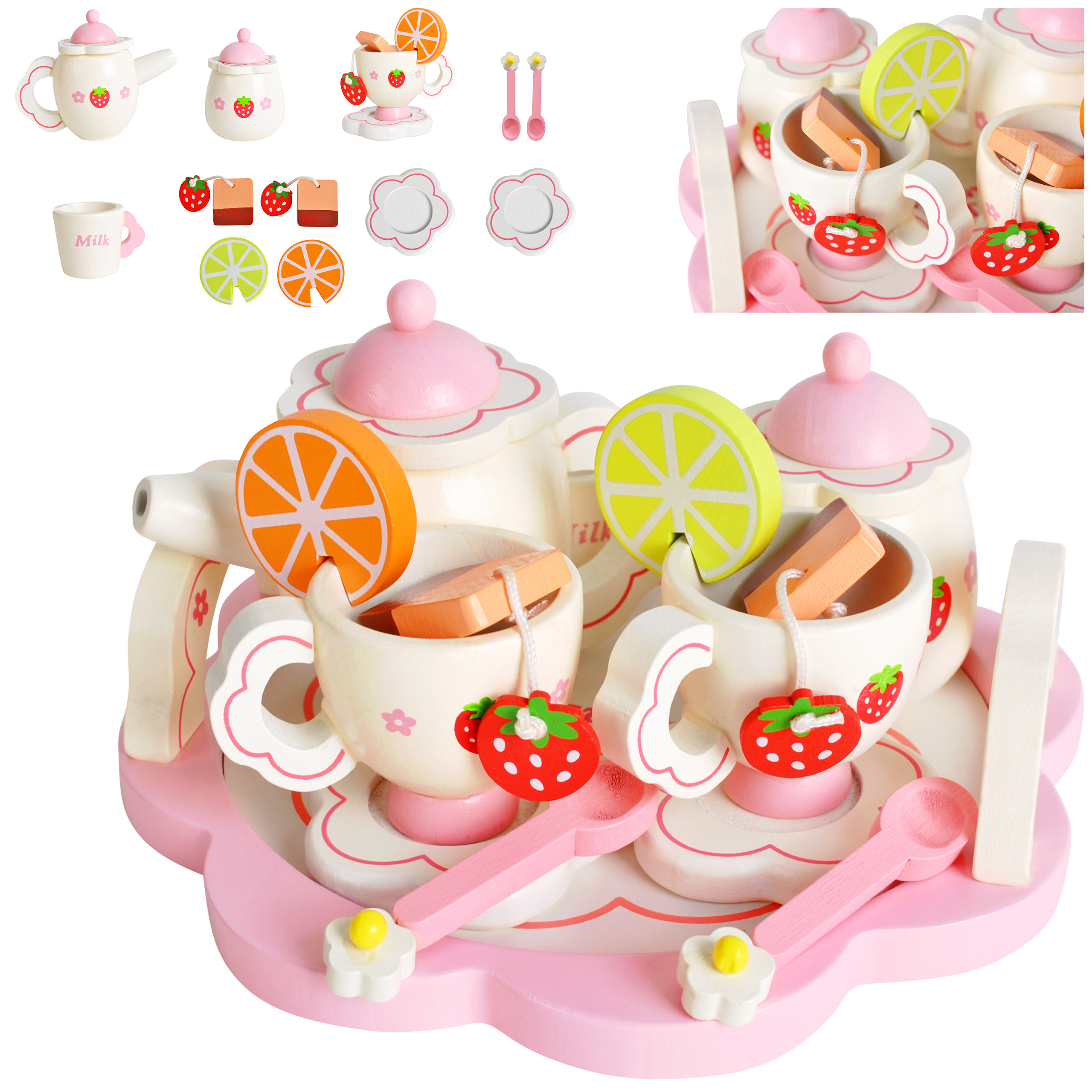 Kinder Teeservice Kinderküche Tee Set Kinderküche Holz  weiß Kanne 17 Teile 