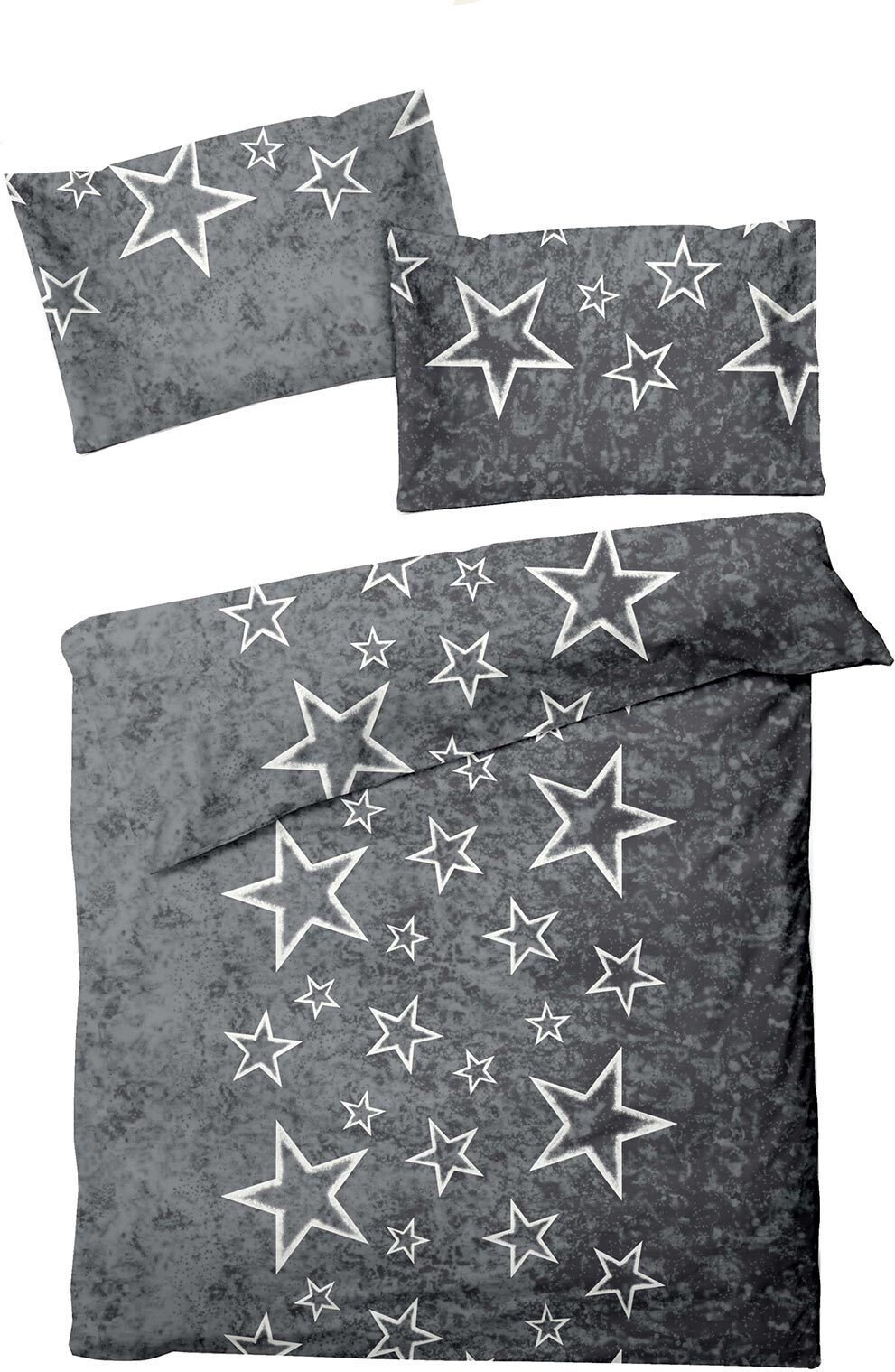 Bettwaren-Shop Biber Bettwäsche Sterne anthrazit 160x210 cm + 65x100 cm