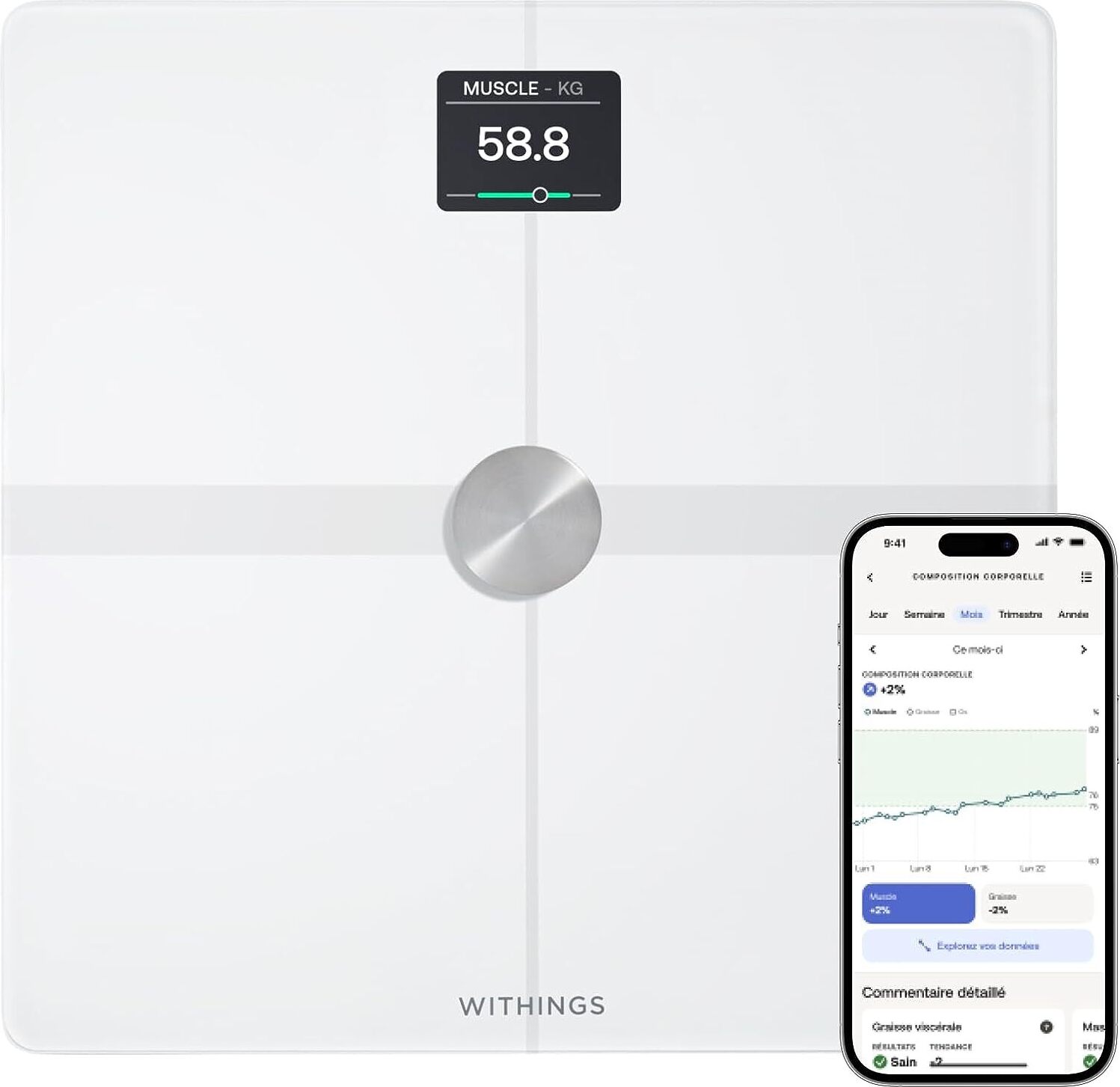 WITHINGS Body Smart - WIFI-Anschlusswaage, BIA-Personenwaage, Analyse der Körperzusammensetzung, Körperfett, Muskelmasse, Wasseranteil, BMI, Gewicht WBS13-WHT