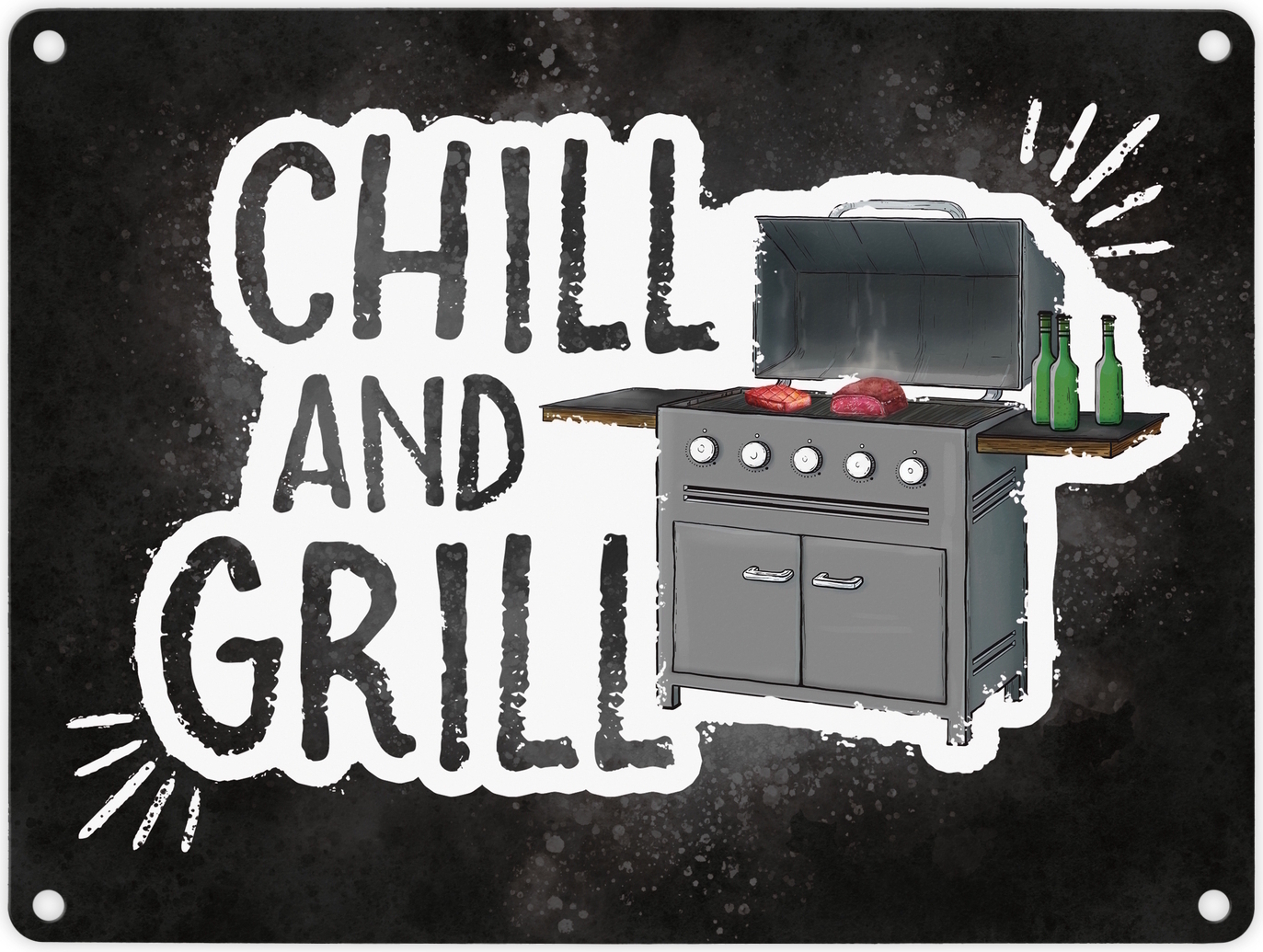 speecheese Chill and grill Metallschild mit Elektrogrill Motiv Fleisch Wurst Bier grillen 135816