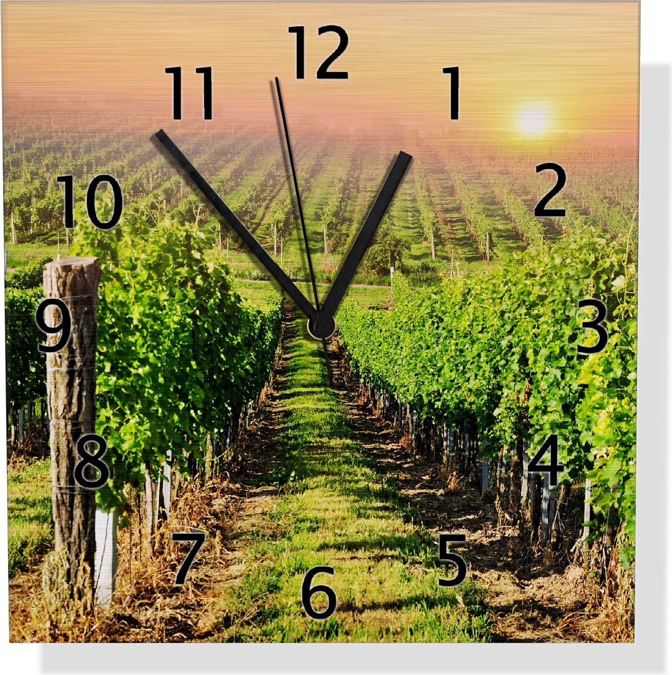 Wallario Design Wanduhr Weinberg mit untergehender Sonne aus Aluverbund, Größe 30 x 30 cm uds0266-3030