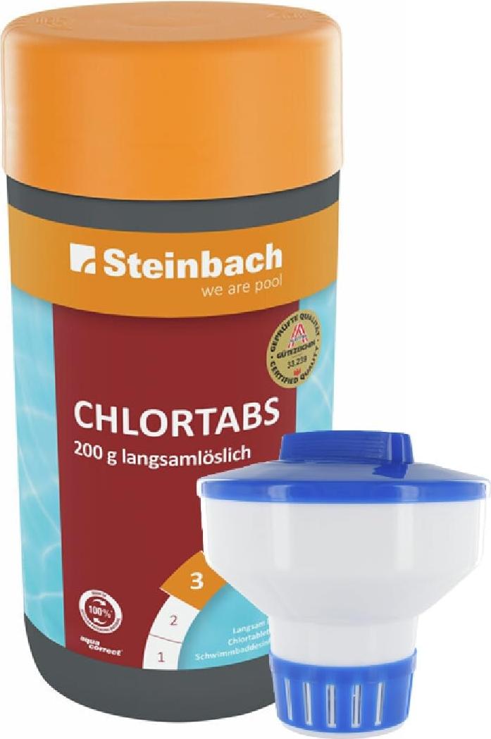 Steinbach Poolpflege-Set | Chlordosierschwimmer Maxi Ø 17 cm & Chlortabs 200 g, 1 kg | für Dauerdosierung | Verstellbarer Dosierregler | für Pools & Salzwasser geeignet | platzsparend faltbar