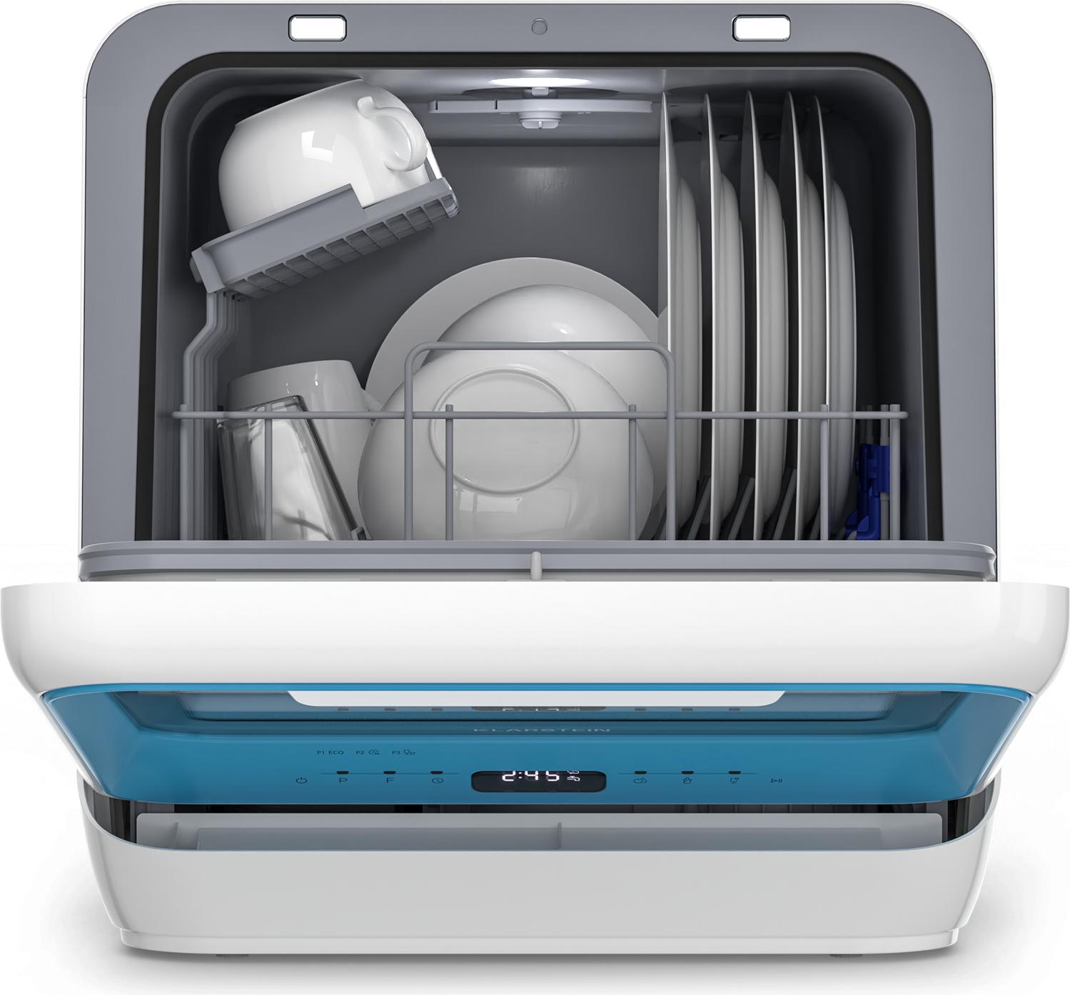 Klarstein Amazonia mini umývačka riadu - kompaktná stolová umývačka riadu s nádržkou na vodu, 7 programov, 5 l, digitálny displej, tichá 58 dB, prenosná pre malé kuchyne a cestovanie, modrá