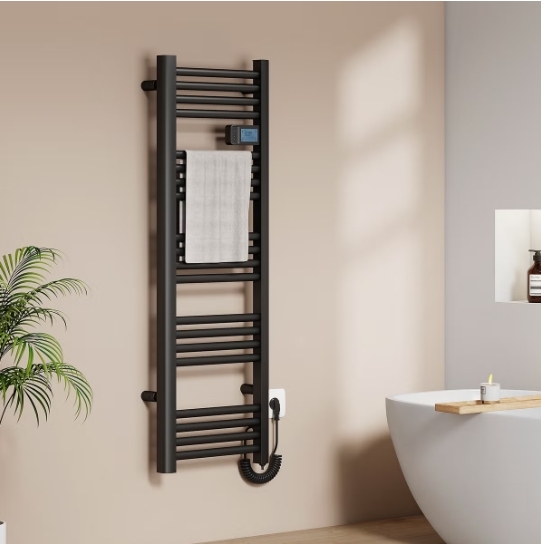 EMKE Elektrický radiátor na uteráky 1200 × 400 mm, 450 W Kúpeľňový radiátor s dotykovým časovačom, týždenným programom sušenia uterákov a ohrievačom uterákov, čierny