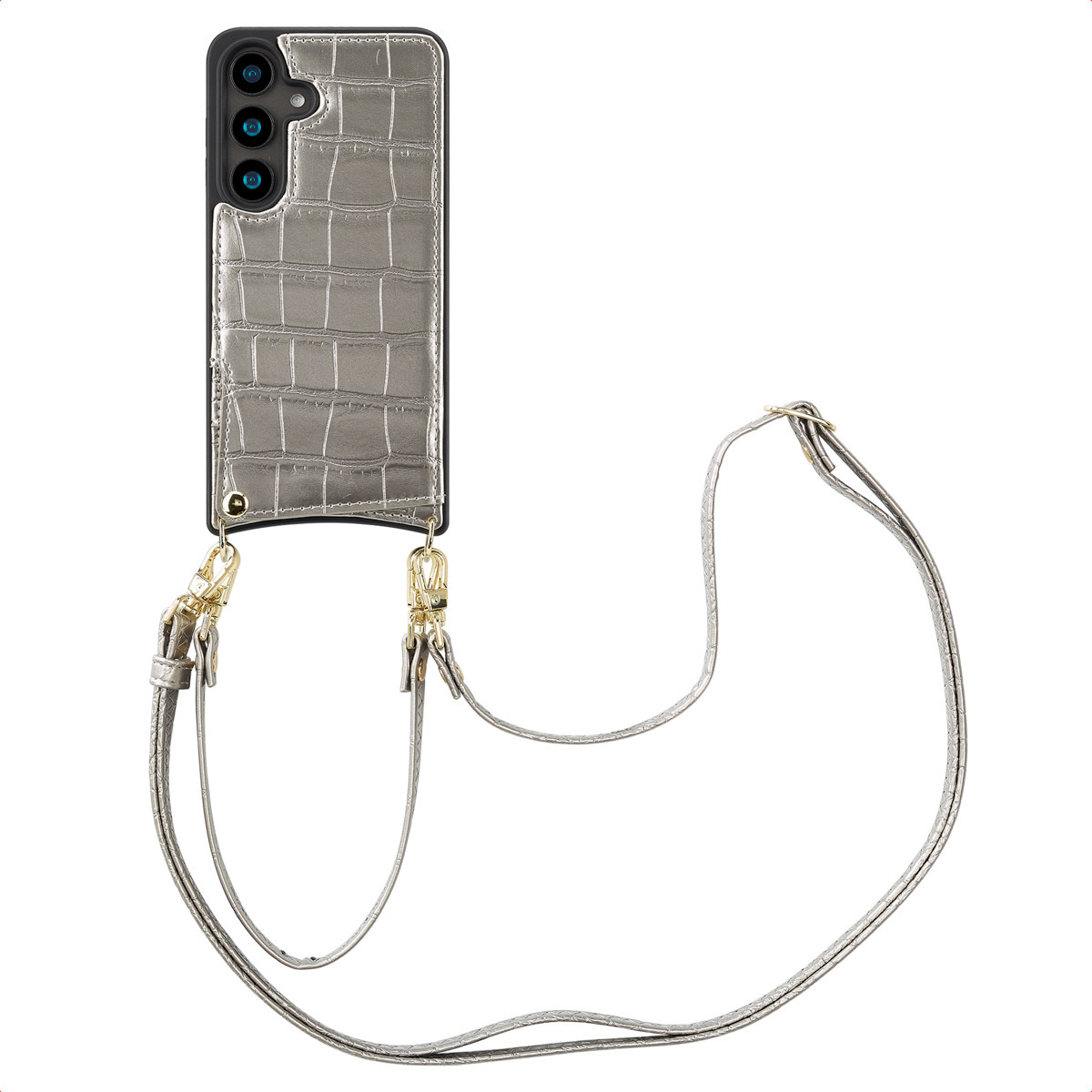 Puzdro na telefón Selencia Nova Croco s káblom a držiakom kariet pre Samsung Galaxy S24 - strieborné