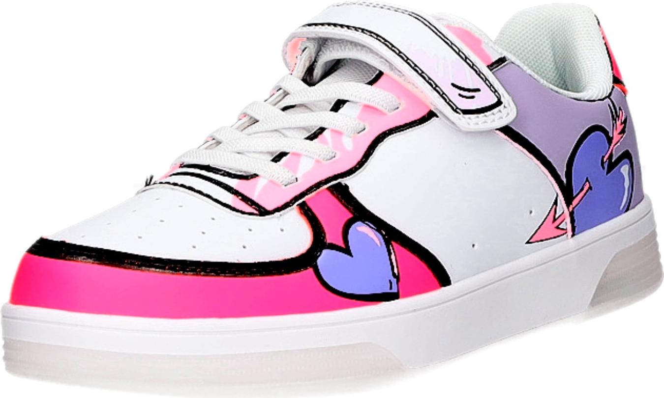 Sneakers Kinder-Mädchen-Sneaker-Slipper-Klettschuh Herz-Muster Weiß-Pink-Blau, Farbe:weiß, EU Größe:33 K191562-WH