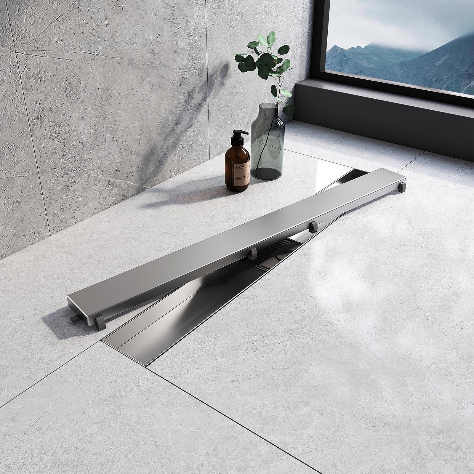 VANCOCO Caniveau De Douche à Carreler 80 Cm Acier Inox - 2 En 1 Extra Plat 360° Avec Clapet Anti-Odeur Et Filtre Anti-Cheveux