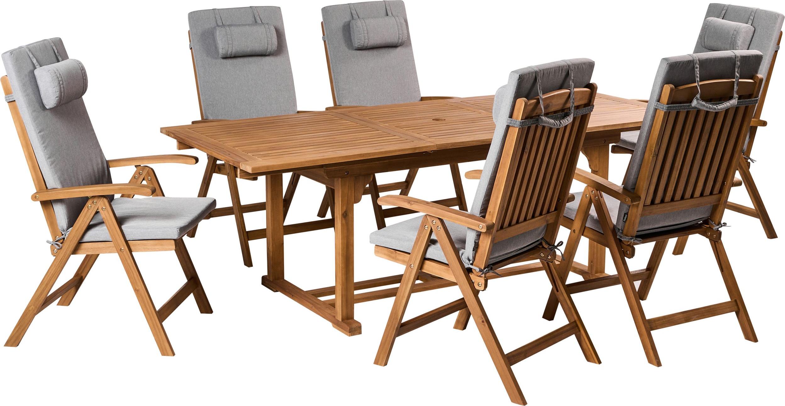 BELIANI Záhradný jedálenský set z agátového dreva so sivými melanžovými vankúšmi 6-miestne nastaviteľné skladacie stoličky vo vidieckom štýle