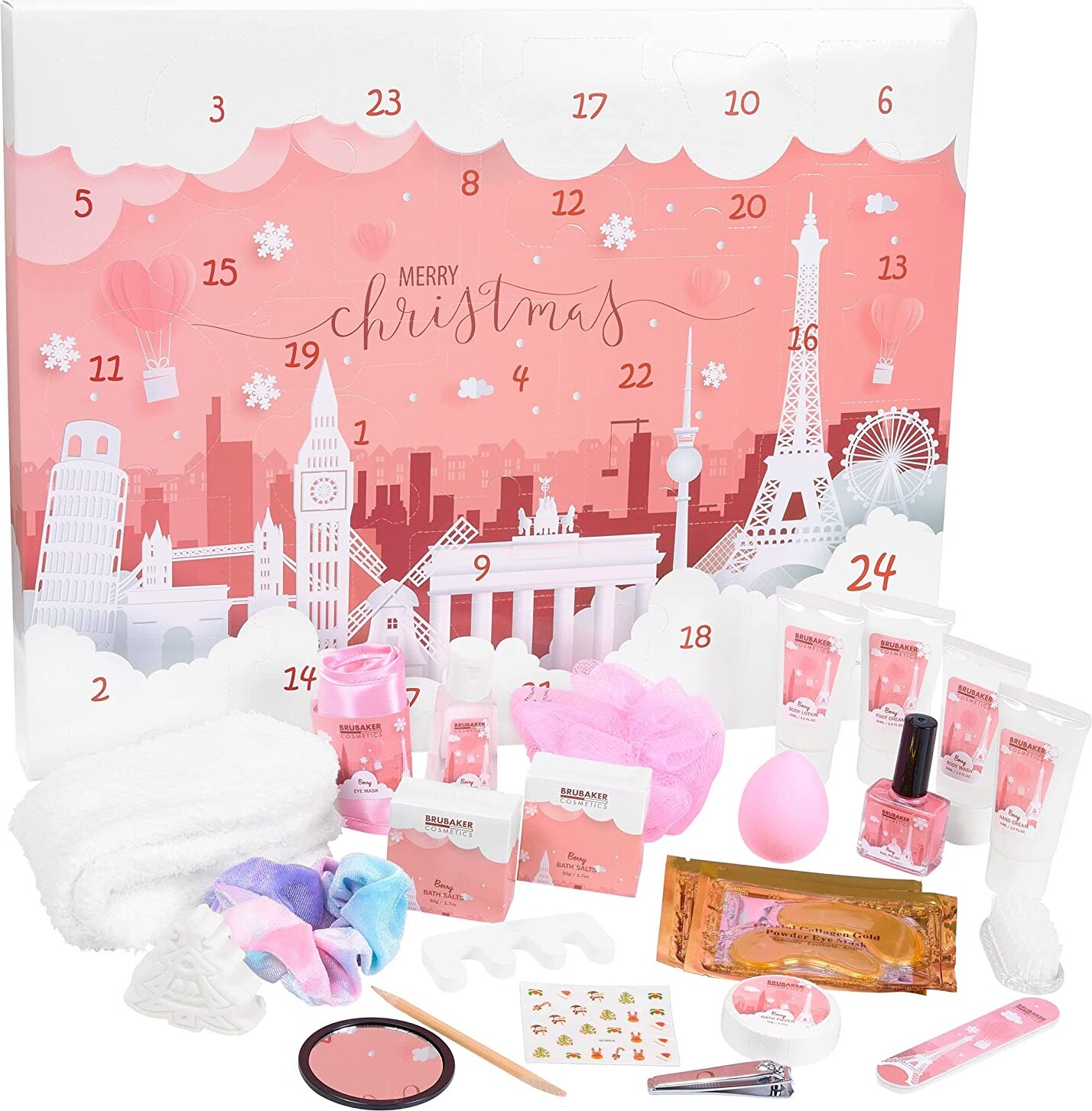 BRUBAKER Cosmetics Adventný kalendár krásy 2024 - 24 x starostlivosť o telo a wellness doplnky - XXL vianočný kalendár pre ženy - mestá Landmark Pink