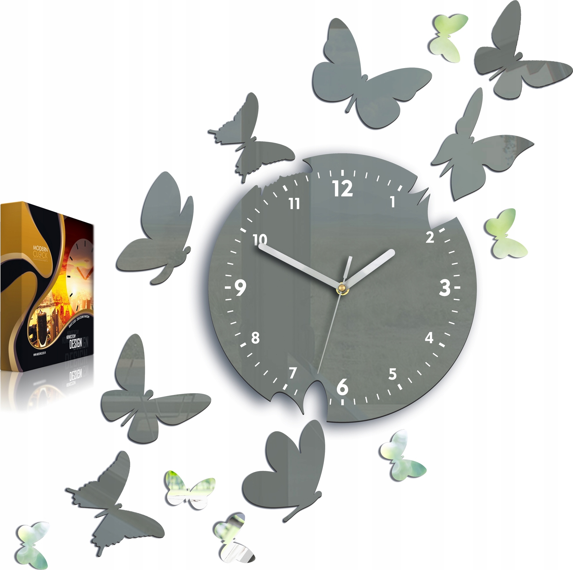 ModernClock, Wanduhr, Schmetterling, Wanduhr 14 Schmetterlinge, Uhr, grau