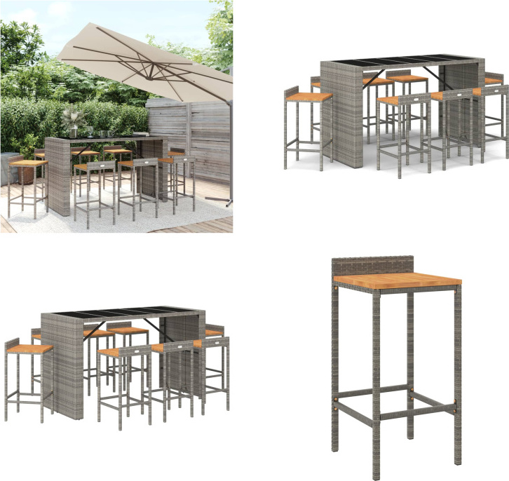 vidaXL 9-dielny záhradný barový set sivý polyratan a masívne drevo akácie - Záhradný barový set - Záhradné barové sety - Záhradný barový set - Záhradný bar
