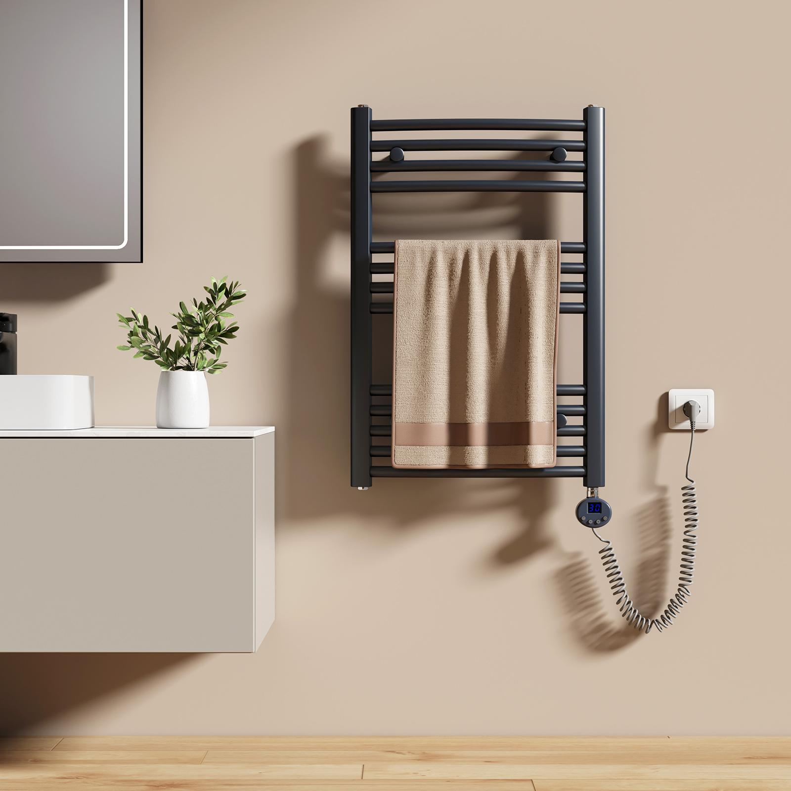 EMKE Elektrický ohrievač uterákov 75 x 50 cm, 300 W, antracitový, zakrivený, kúpeľňový radiátor, klasický, elektrický, ohrievací tyč, termostat, ohrievač uterákov