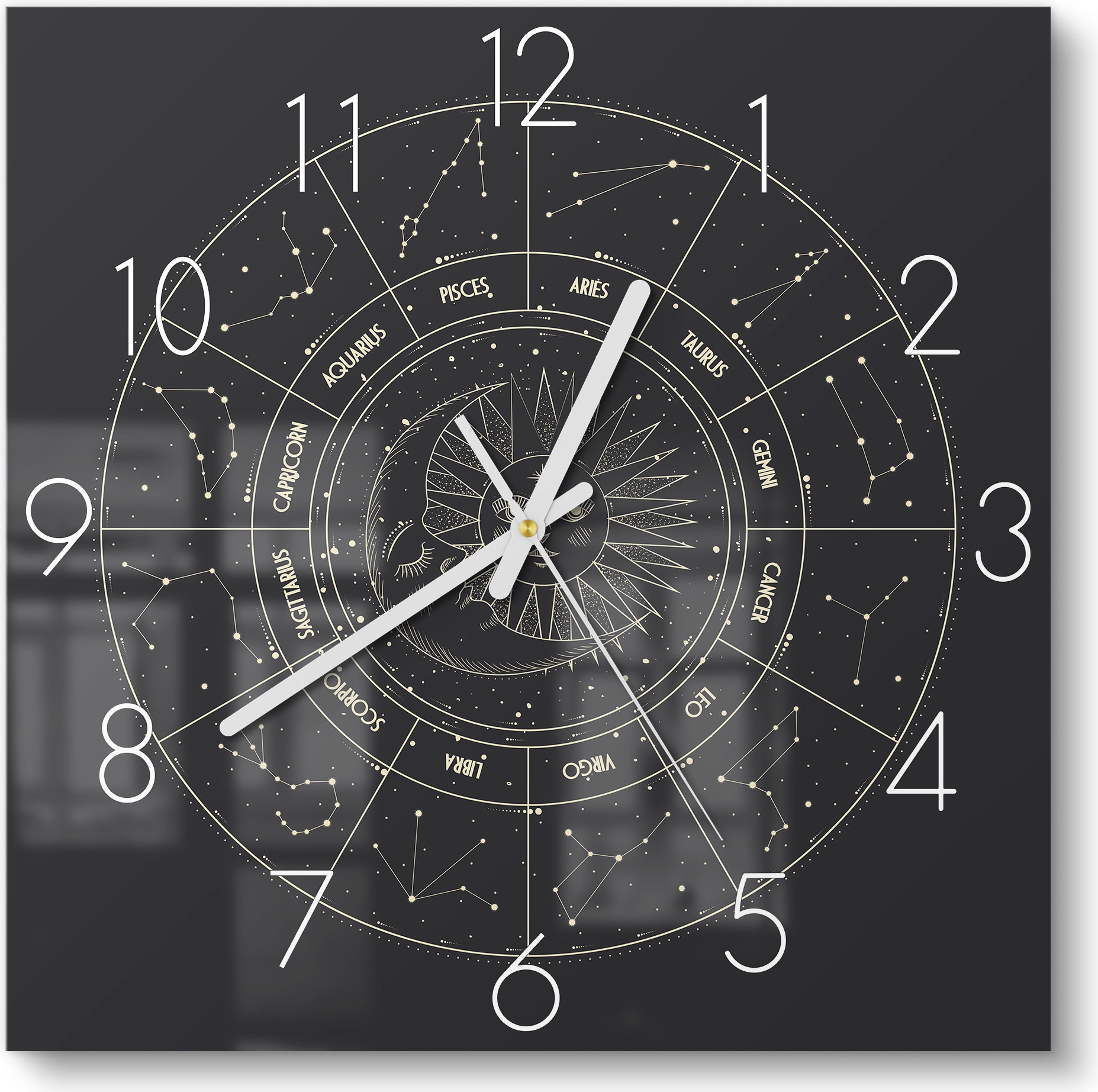 DEQORI DEQOART Glasuhr 30x30 cm Zahlen 'Sternenzyklus' Wanduhr Glas Uhr Design leise Küchenuhr WC-30-30-N-3496