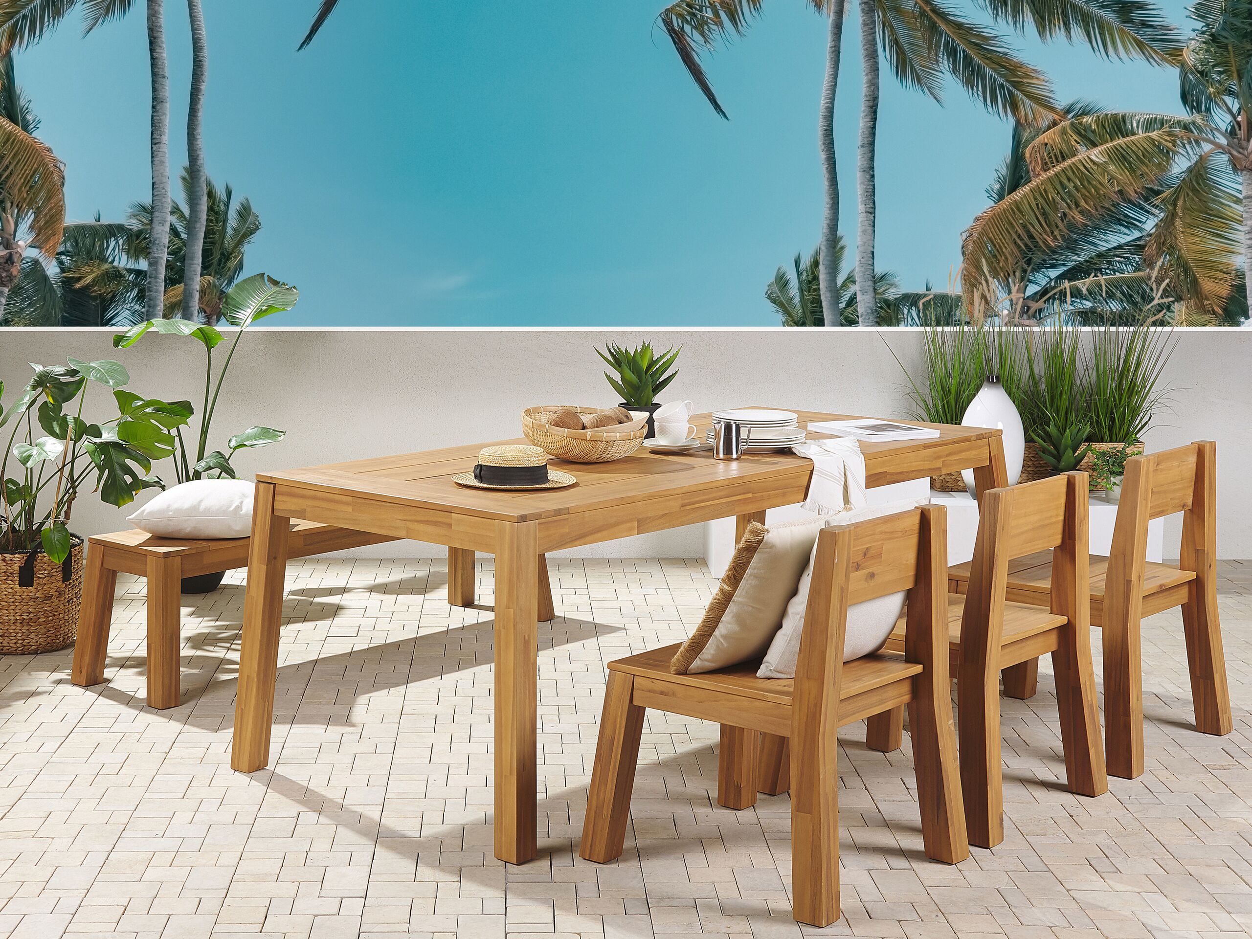 BELIANI Sada záhradného jedálenského nábytku, 5 ks, svetlé masívne agátové drevo, stôl, lavice, 3 stoličky, rustikálny moderný štýl