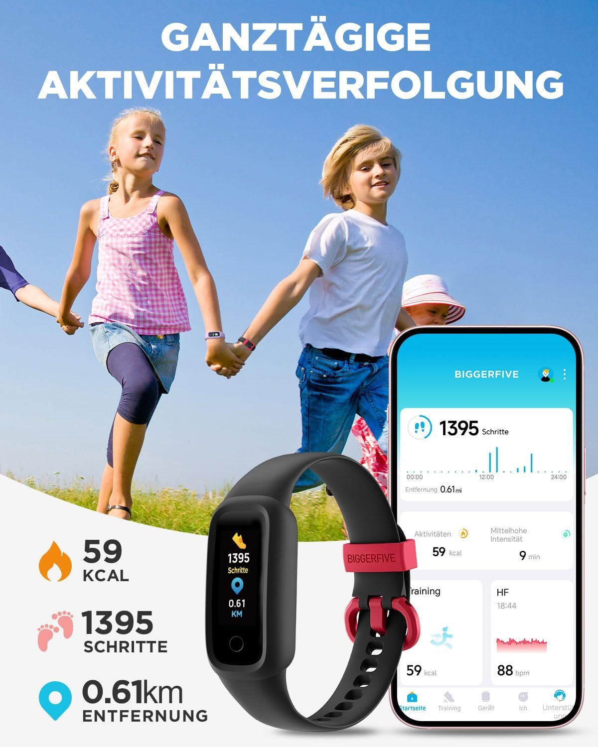 Fitness Tracker Uhr Kinder BIGGERFIVE Vigor 2 L, Schrittzähler, Pulsuhr, Schlafmonitor, Kalorienzähler, IP68 Wasserdicht, Schwarz