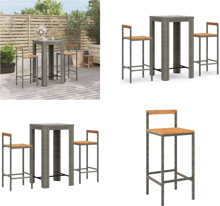 vidaXL 3-dielny záhradný barový set sivý polyratan a masívne drevo akácie - Záhradný barový set - Záhradné barové sety - Záhradný barový set - Záhradný bar