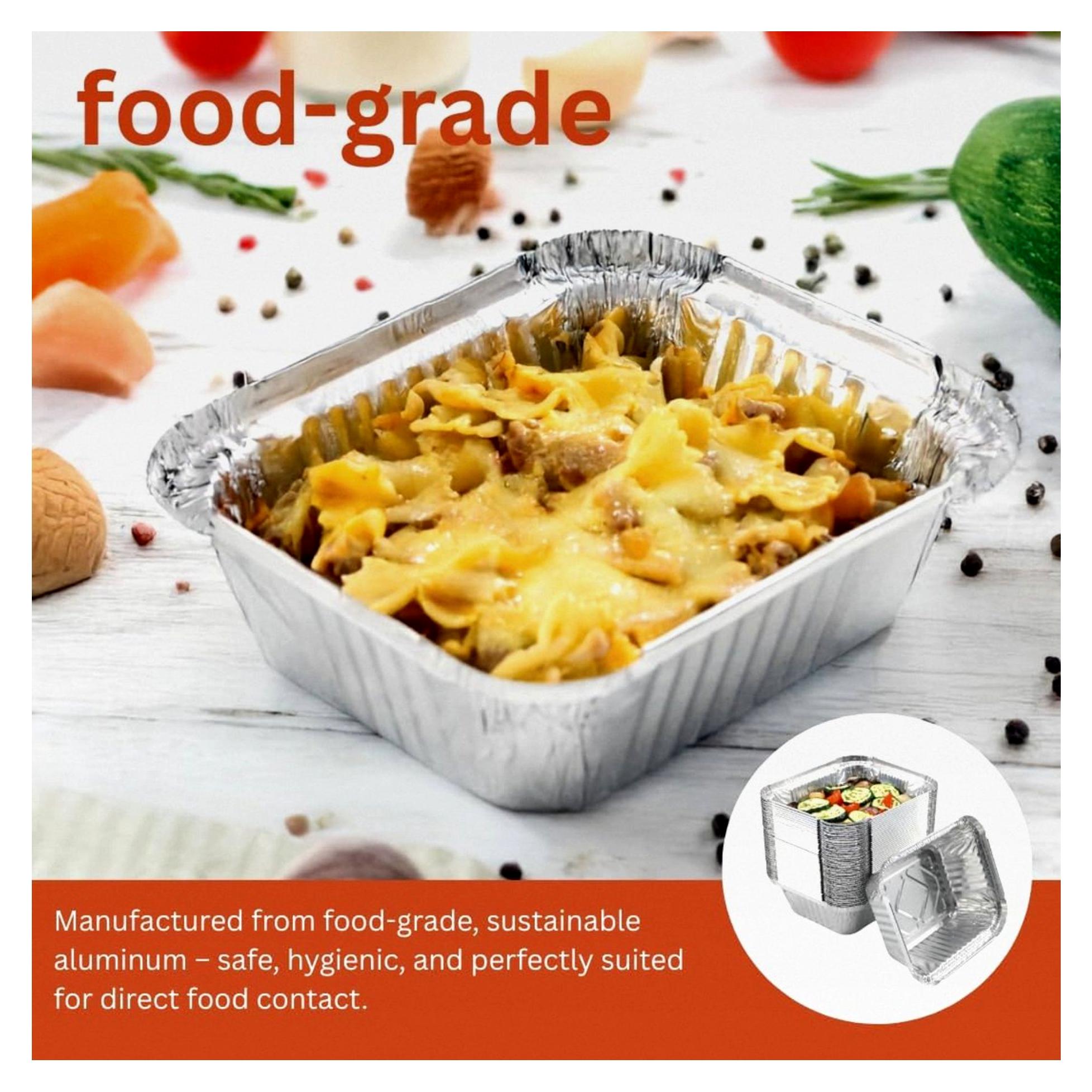 Markenlos Aluminium Schalen - 100 Stück mit Deckel - eckige Form mit 450 ml - Take Away Schalen - Grillschalen - Einwegverpackungen - Einmalbehälter