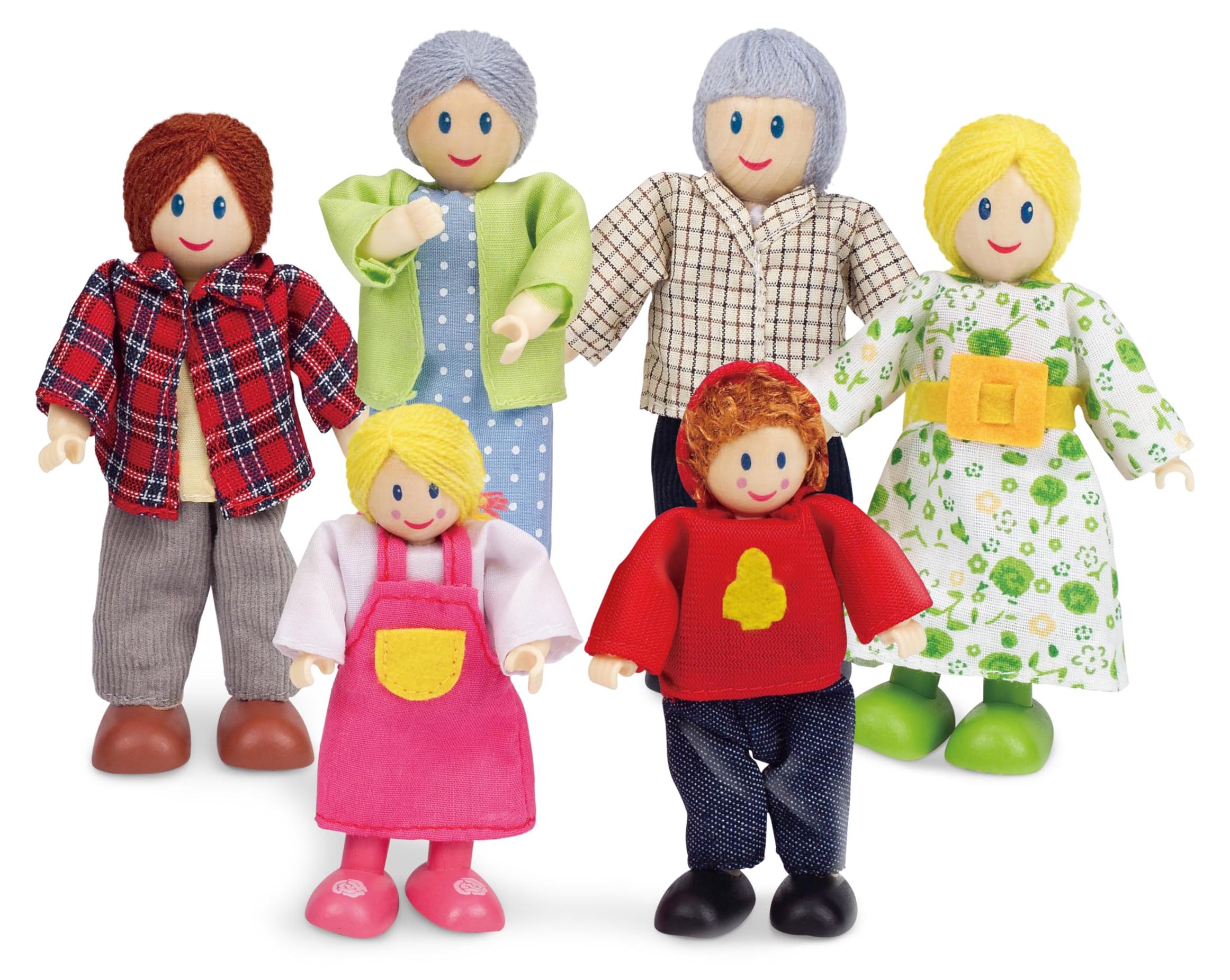 Hape Puppenfamilie Preisgekröntes Puppenfamilien-Set, einzigartiges Zubehör für Puppenhäuser aus Holz, Fantasie-Spiel, 6 Puppenfamilien-Mitglieder, für Kinder ab 3 Jahren