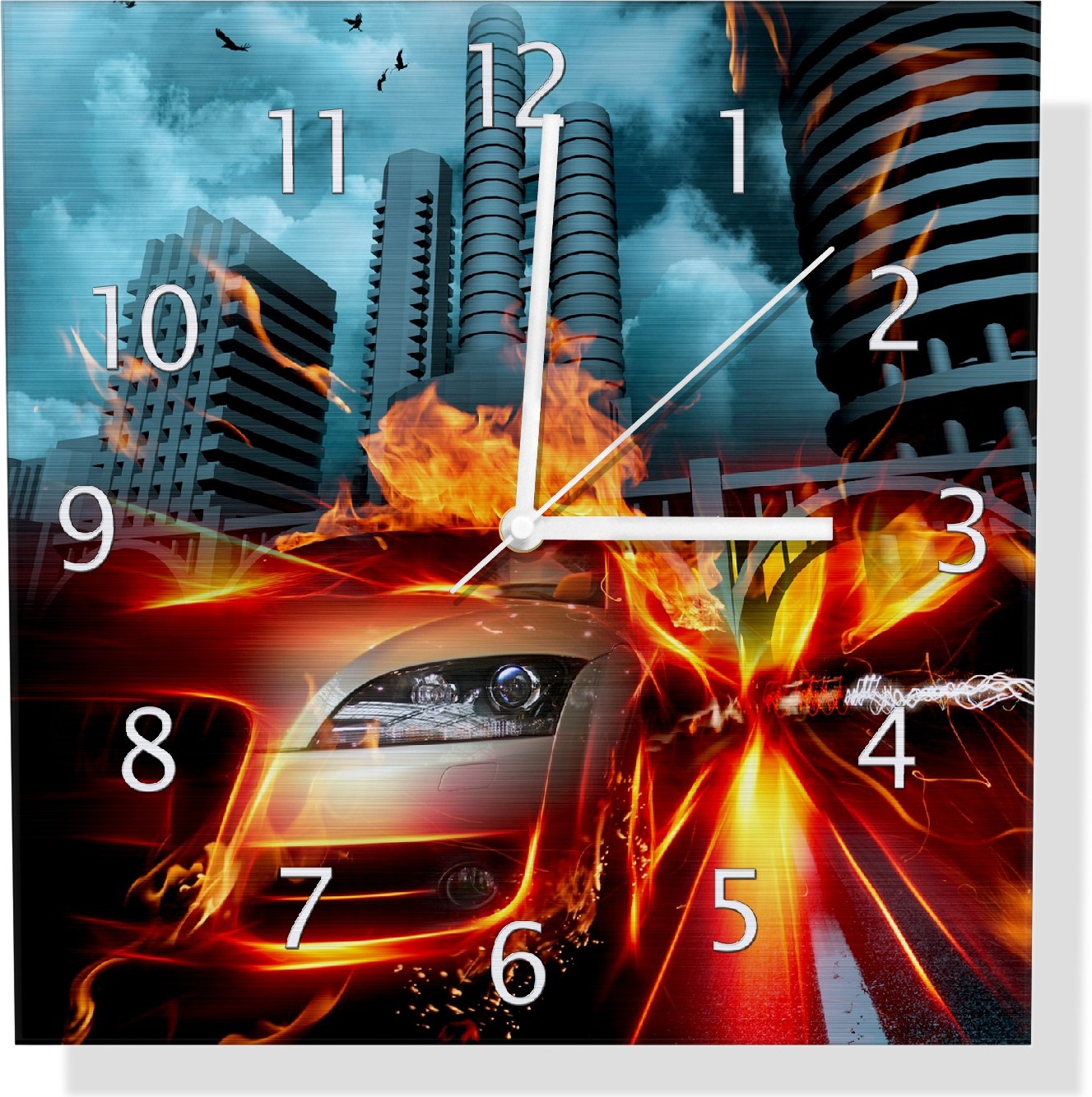 Wallario Design Wanduhr Brennendes fahrendes Auto aus Aluverbund, Größe 30 x 30 cm udi0100-3030