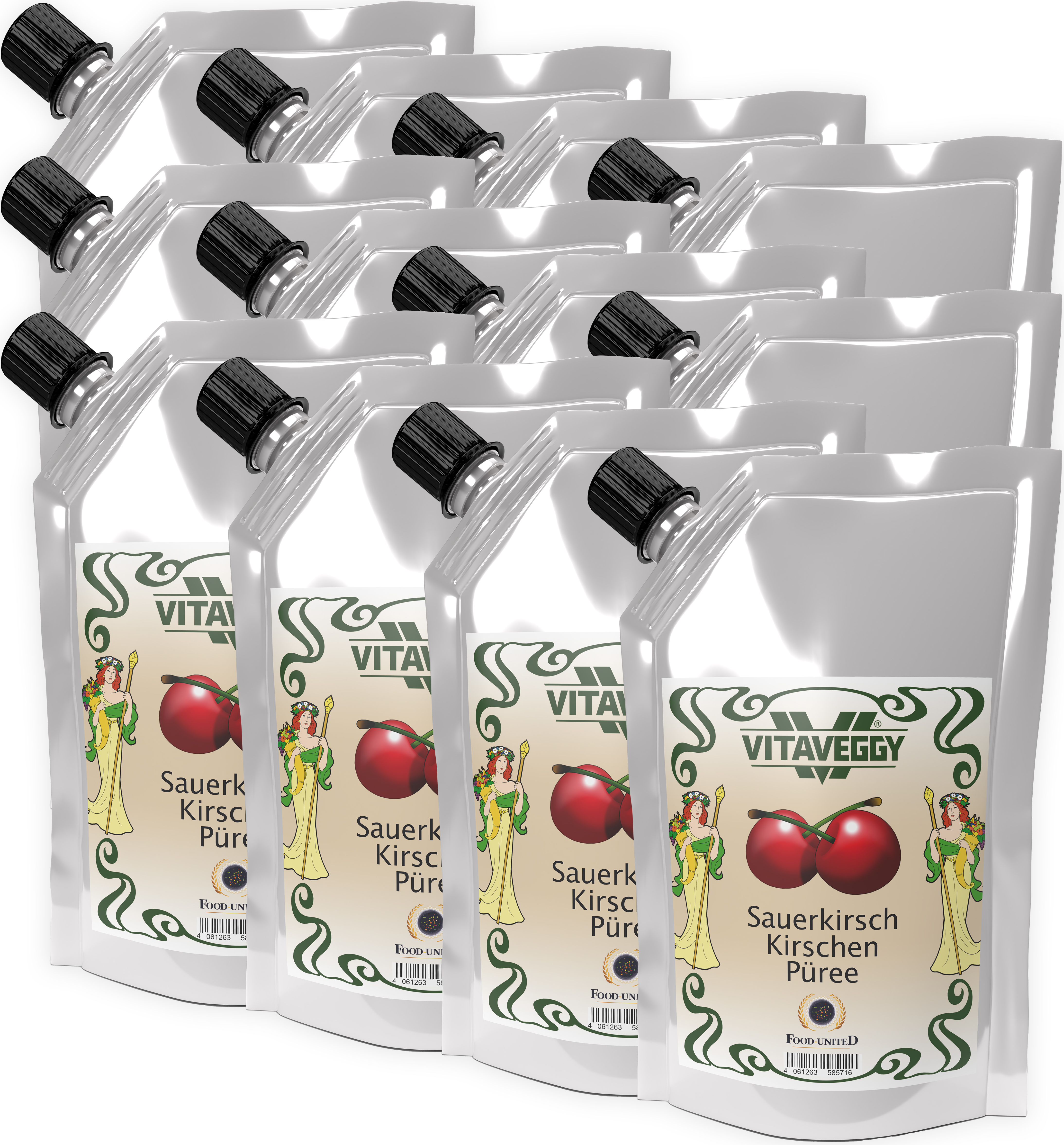 S.Mile GmbH VITAVEGGY Früchte-Püree SAUERKIRSCHE 12x1kg ohne Aroma- Farb- & Konservierungsmittel von Food-United, Sauerkirschpüree für Obstbrei & Obsmus oder als Kirschsaft Sauerkirsch-Smoothie oder für Sorbets Cocktails Shakes Desserts, GVO-Frei Glutenfrei & 1