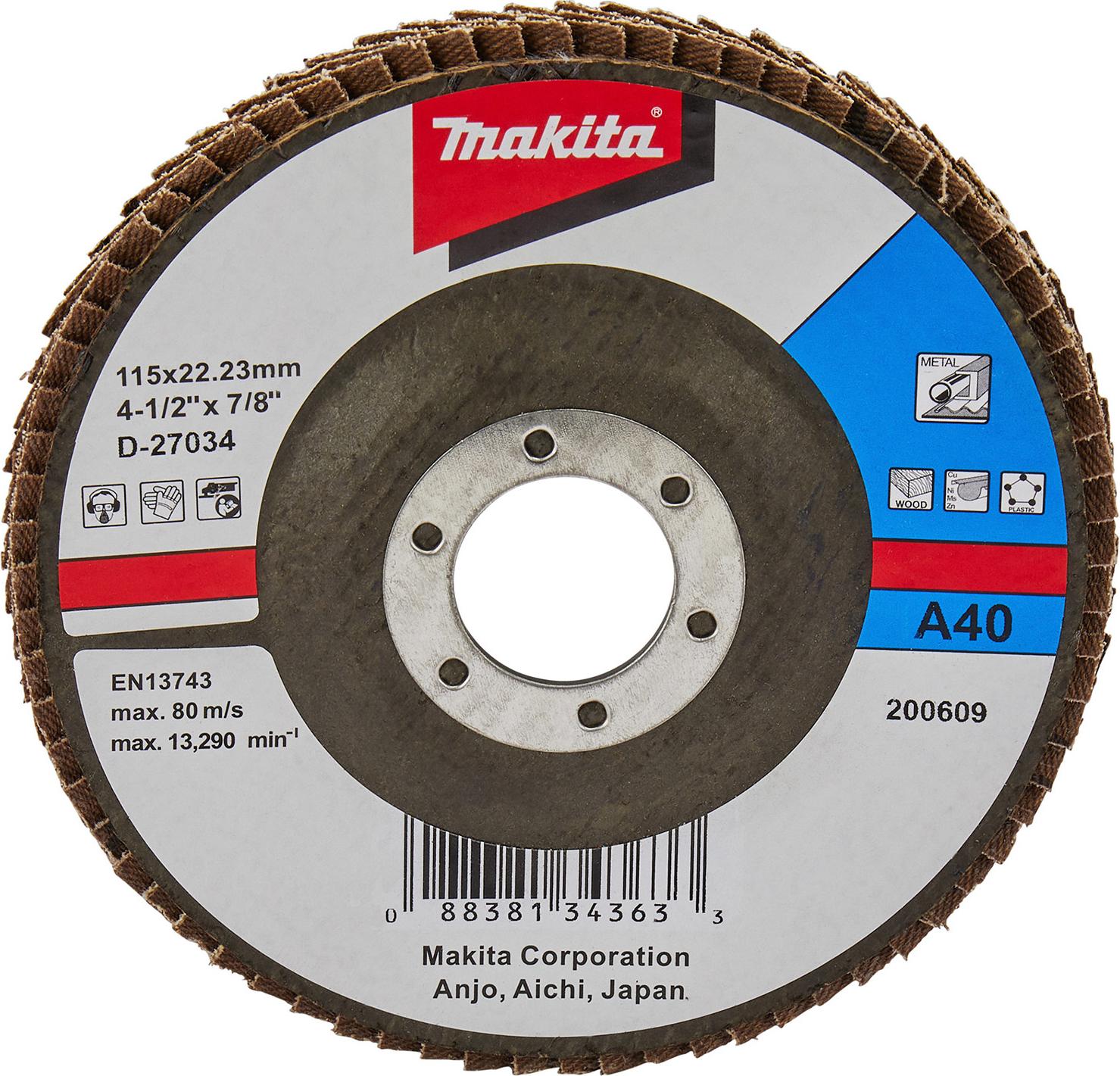 Makita D-27034, Schleifscheibe, Flache Mitte, Makita, 2,22 cm, 11,5 cm, 80 m/s