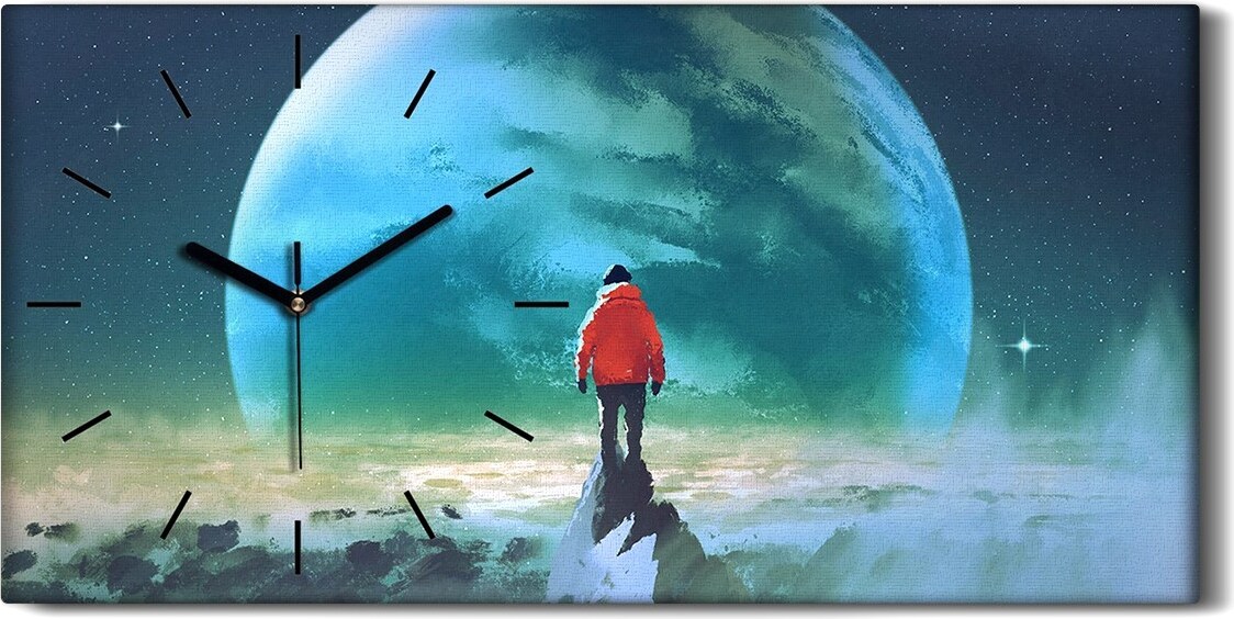 coloray Wanduhr Leinwand Bild Uhr Quarz 60x30 Mann auf dem Berg und anderer Planet - schwarze Hände zch-60x30-130133598-c
