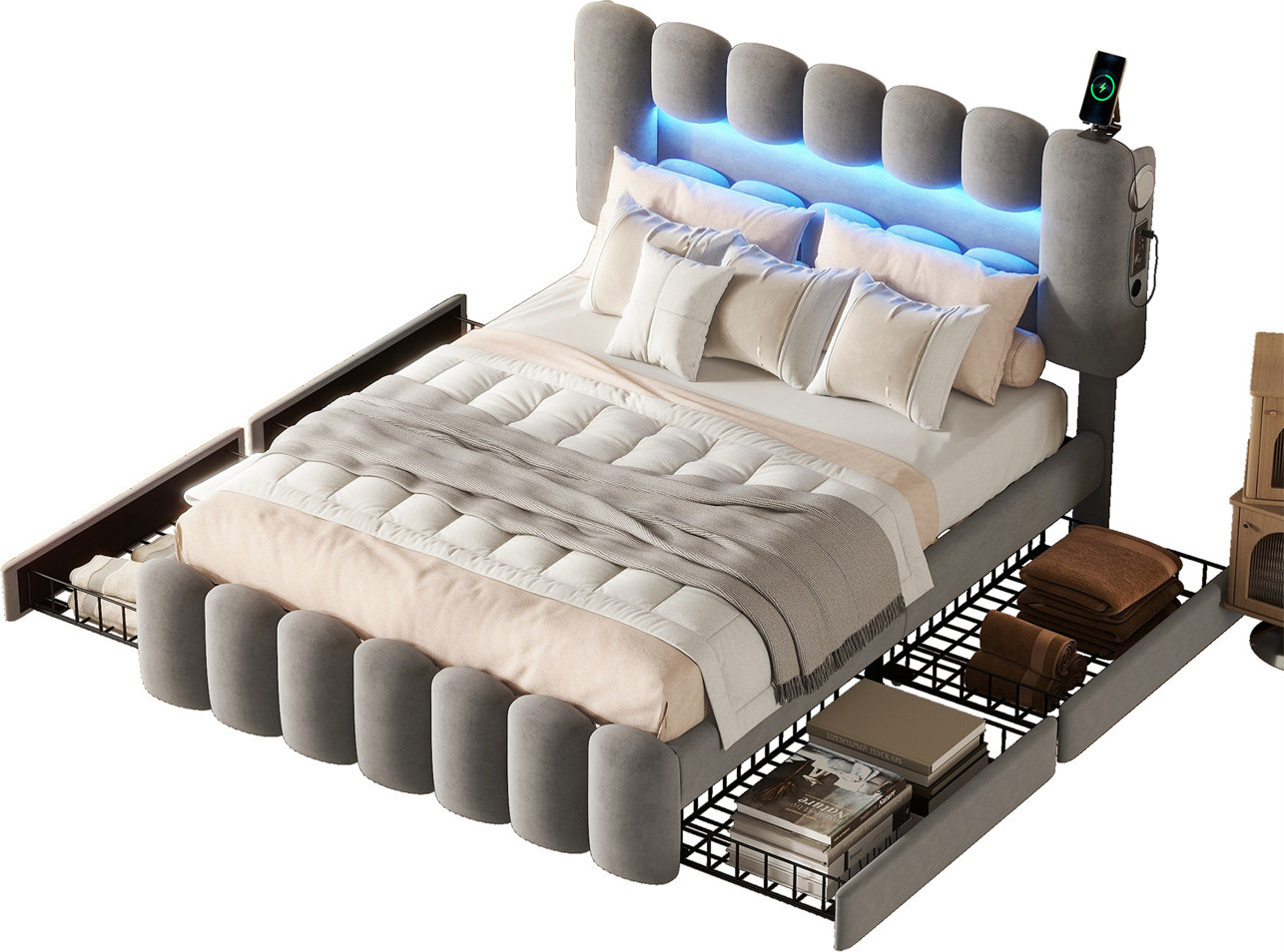 Polsterbett(140 x 200,Grau)Polsterbett mit 4 Schubladen,Kinderbett mit LED-Lichtleiste mit USB und Stereoanlage