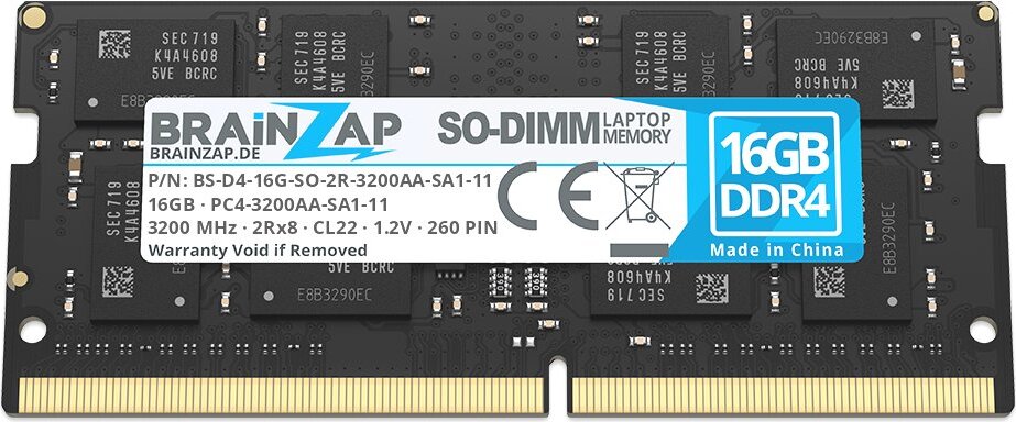 BRAINZAP 16GB DDR4 RAM SO-DIMM PC4-3200AA-SA1-11 2Rx8 3200 MHz 1.2V CL22 Notebook Laptop Arbeitsspeicher Unbuffered Non-ECC BS-D4-16G-SO-2R-3200AA-SA1-11