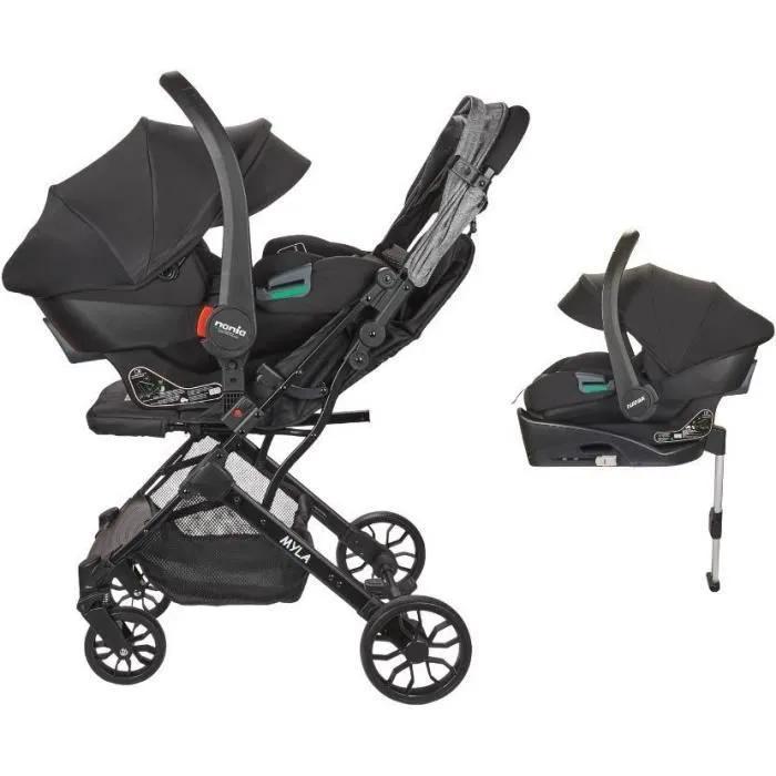 NANIA - 2-in-1-Kombikinderwagen mit Rimini-Autositz + Isofix-Basis - MYLA - 4 Räder - Schwarz