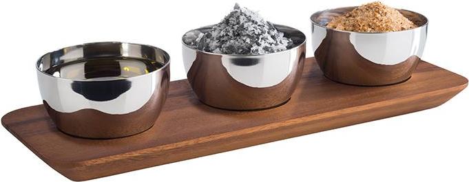 Assheuer + Pott GmbH & Co. KG APS 878 Servierbrett NARROW II, 31 x 11 cm, Höhe 2 cm, Akazienholz, mit 3 Vertiefungen Ø 6 cm