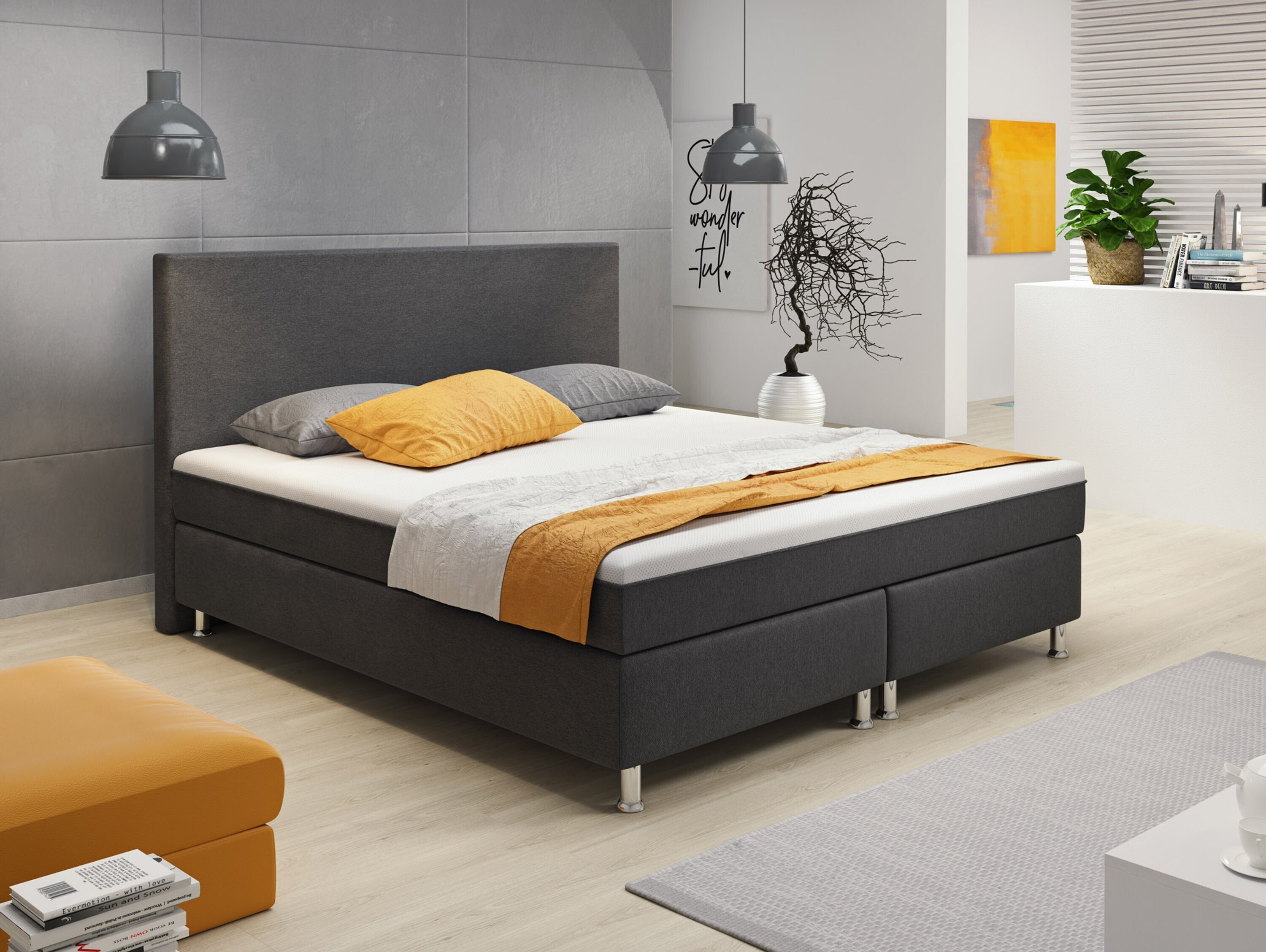 Boxspringbett Berlin 180x200 cm Webstoff Anthrazit mit intergriertem Topper 31155