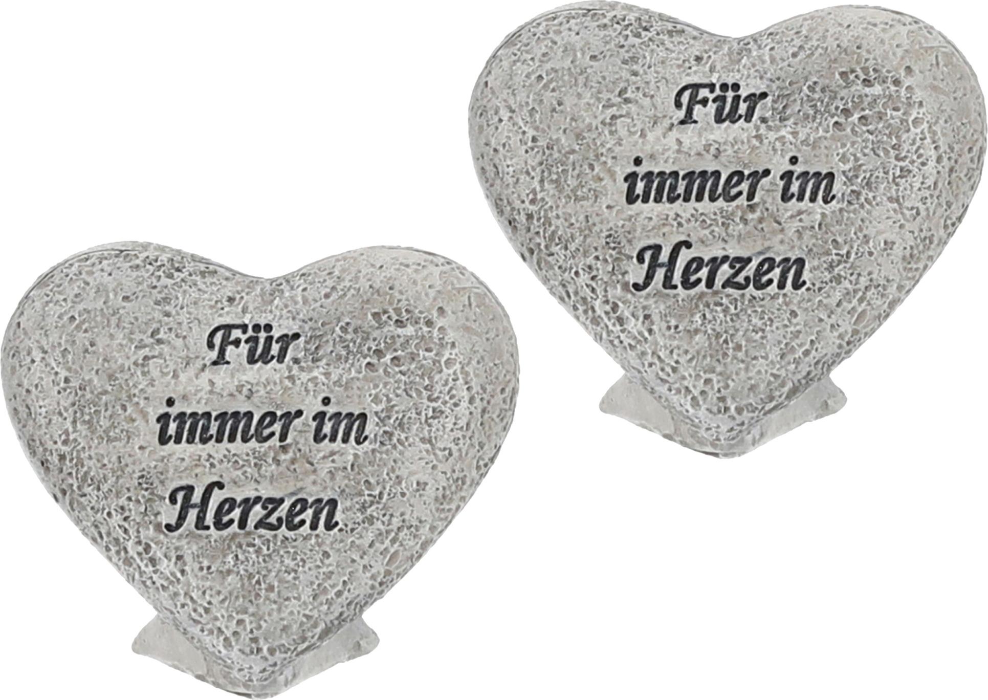 Annastore Grabherz 2er Set – Kleine Grabherzen mit Aufschrift „Für immer im Herzen“, wetterfest aus Kunstharz, 5 x 6,5 cm, stilvolle Trauerdeko für Urnengräber, Gedenkstelle oder Zuhause 48093