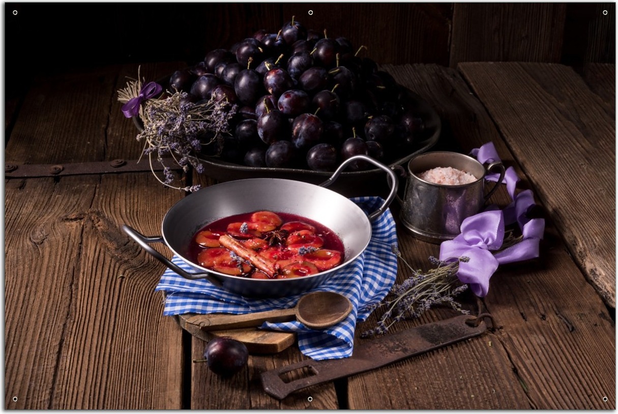 Wallario Outdoor-Poster für Garten oder Balkon, Motiv Frisches Pflaumenkompott mit Gewüzen, in ca. 61 x 91,50 cm odp5325-61915