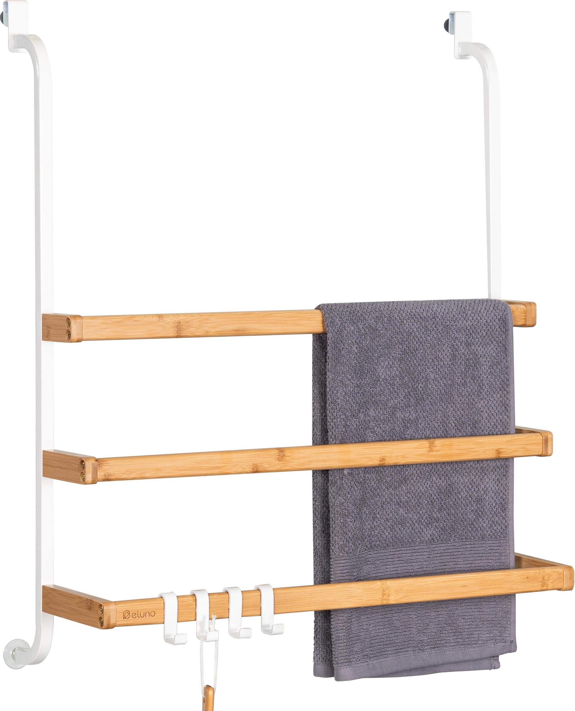 Porte De Douche Porte-Serviettes Pour Paroi De Douche Eluno - 3 Barres 4 Crochets - Sans Percer - Bambou Et Métal - Blanc 3 Barres 4 Crochets Ajustables